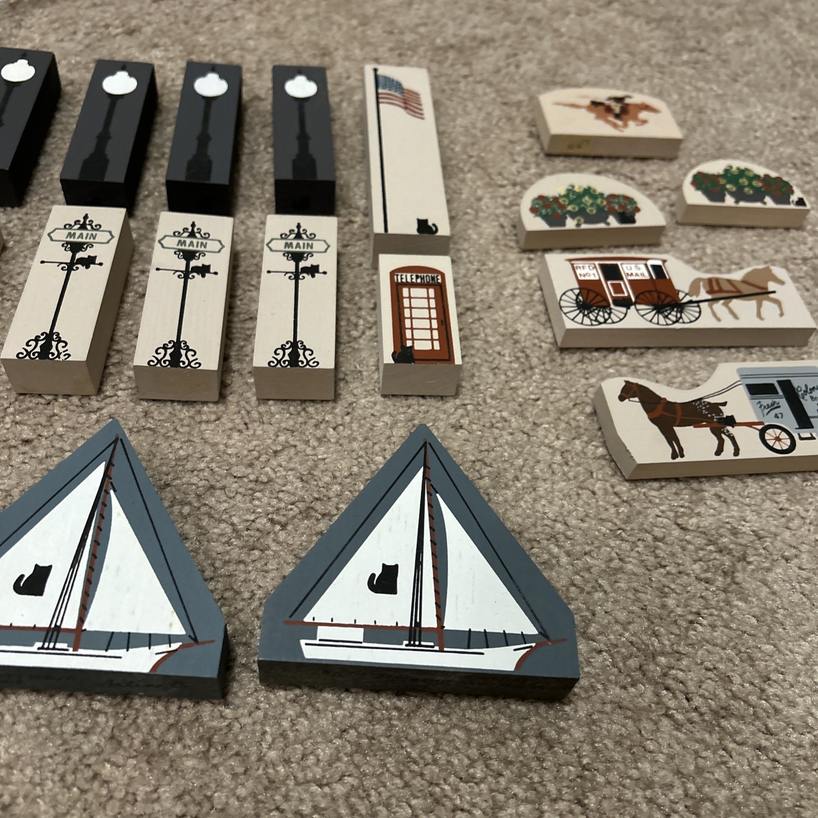 Cat’s Meow Village 1988 22 Accessories Flag Signs Lights Boats Horses Mail Bread
