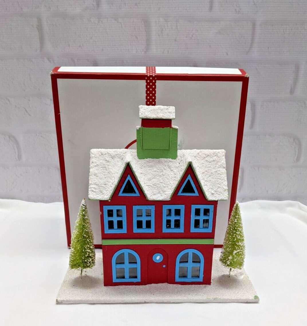 Pottery Barn Christmas Village Decor Red House Small Chimney Tree Snow Roof