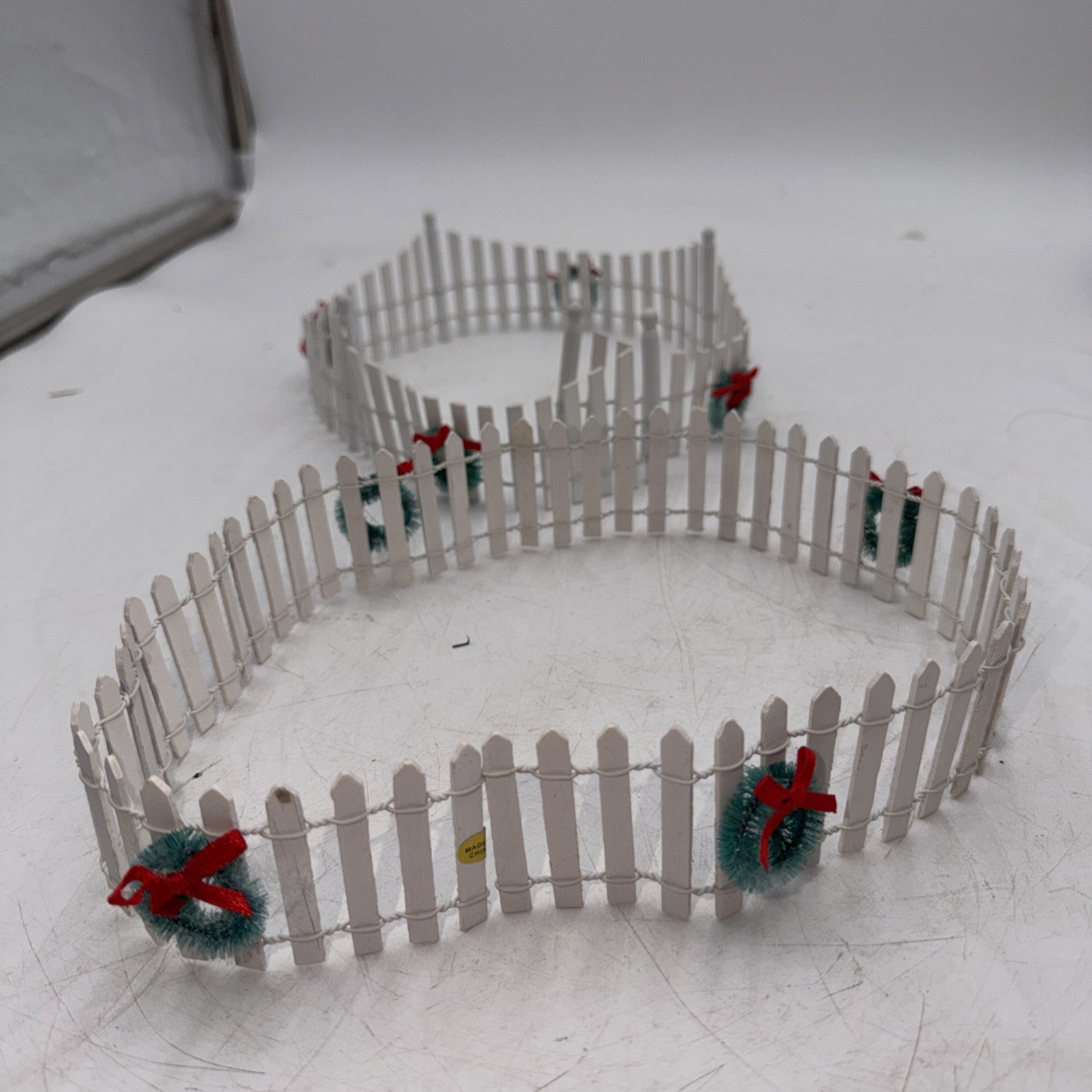 Christmas Village White Picket Fence 52” x 2″ Bendable Green Wreaths Red Bows
