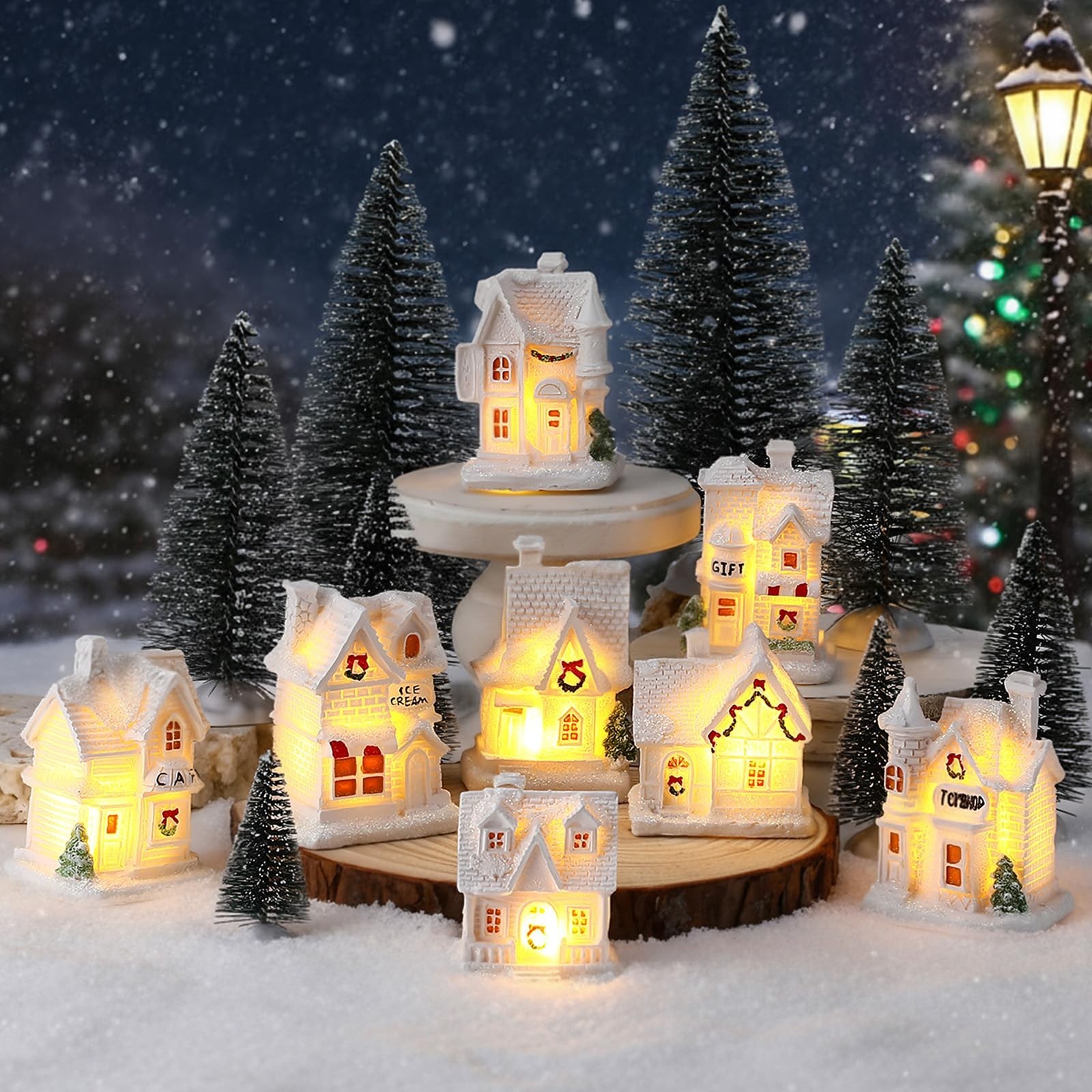 16 Pcs Light-Up Miniature Village Set – 8 LED Houses & Pine Trees Decor for Wint