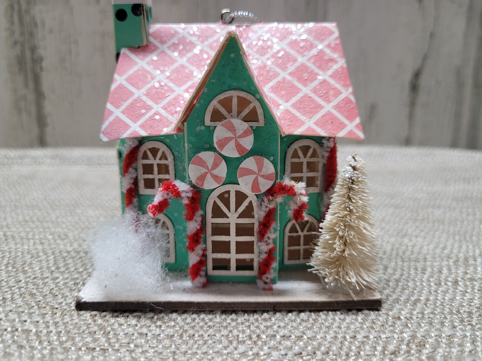 Kitschy Christmas House Cardboard Pink Roof Mica Glitter Chenille Candy Cane