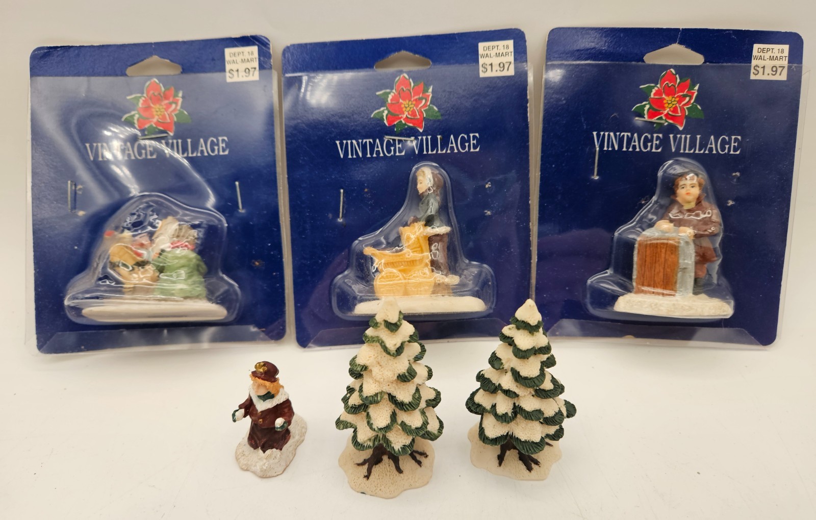 Walmart Vintage Village Small Mini Figurine Lot 6 Pcs Trees & People Christmas