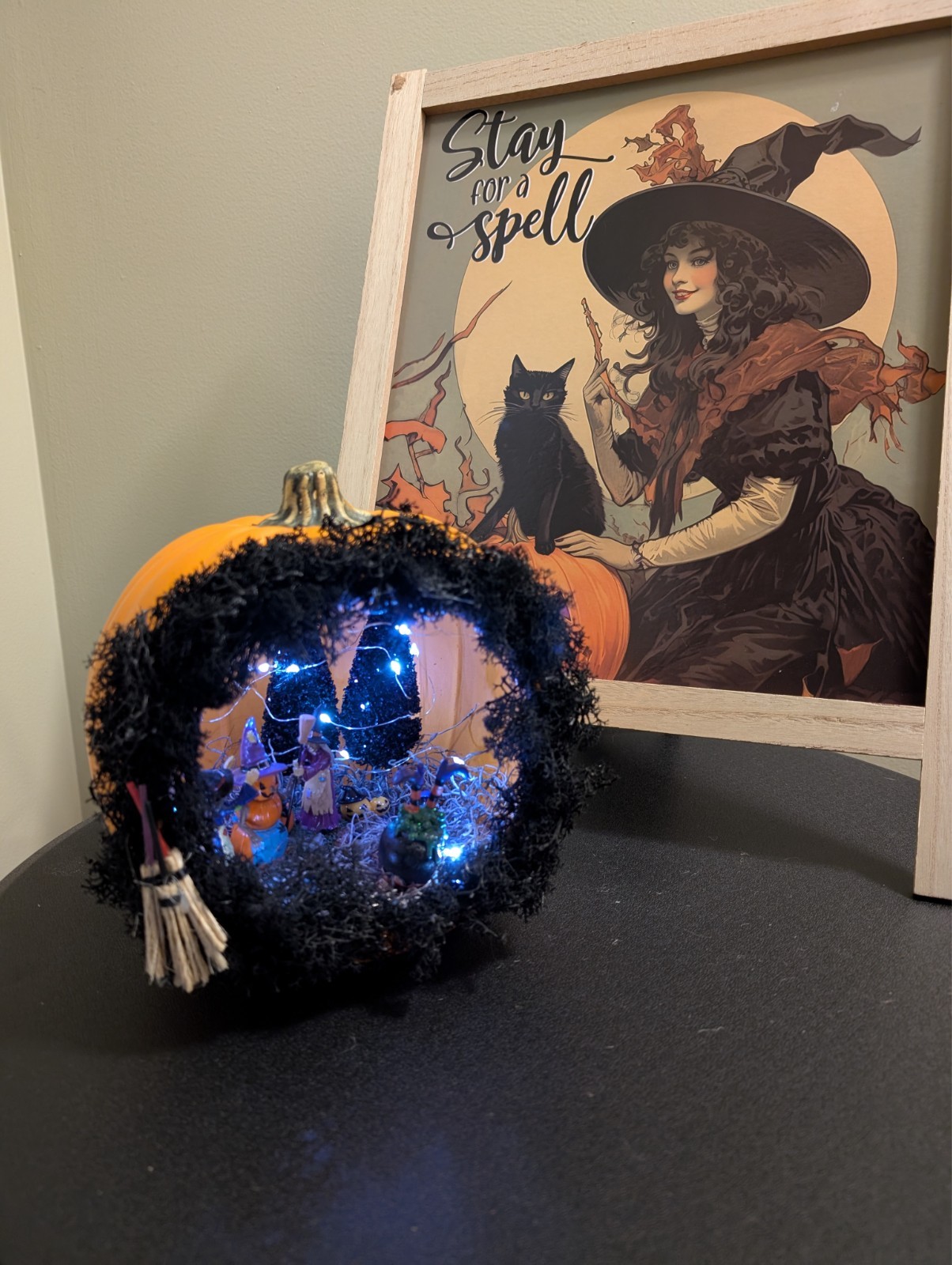 Halloween Pumpkin Diorama: Witch House Scene with Fairy Lights