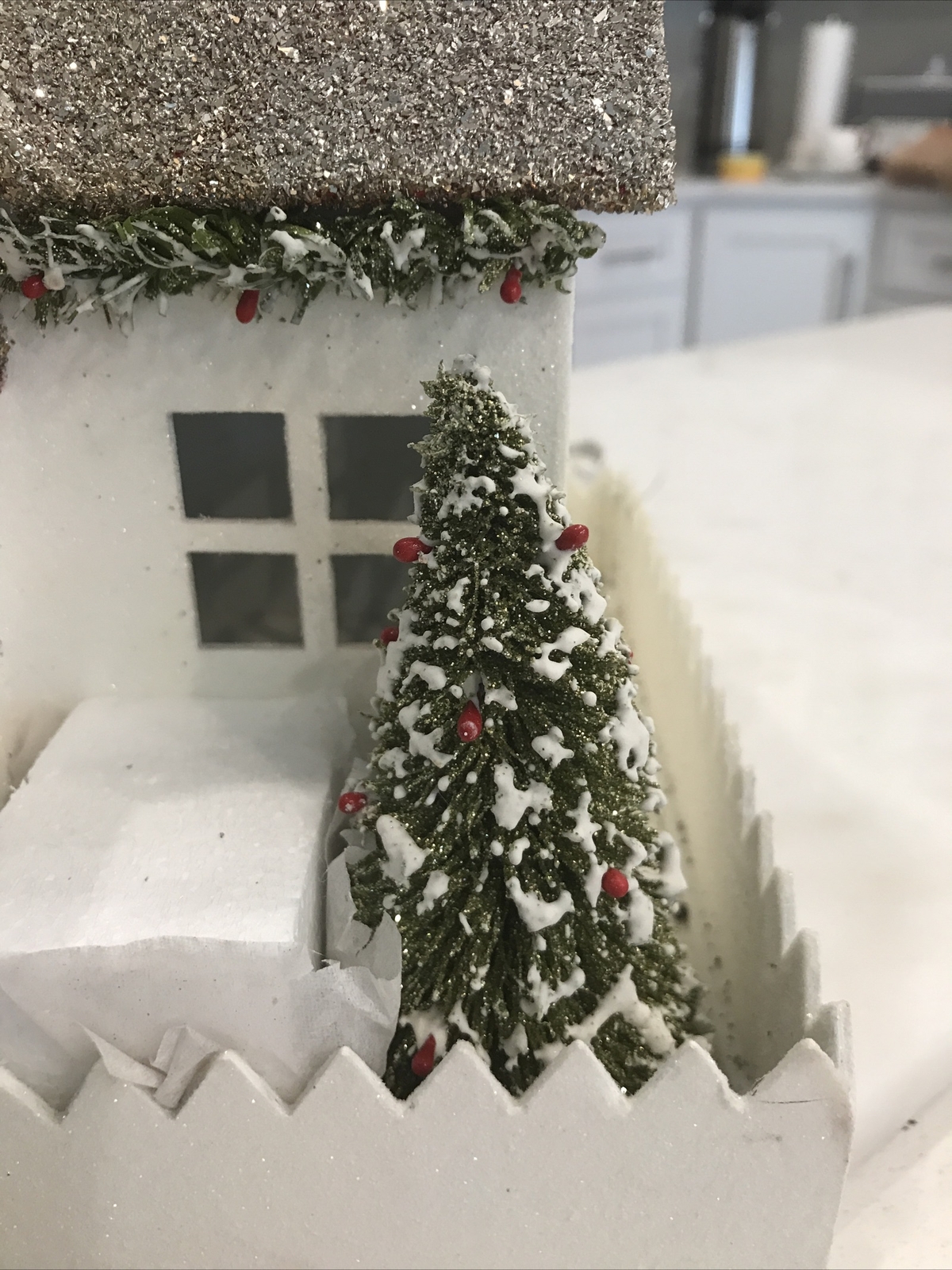 POTTERY BARN Vintage Wood Lighted Glitter S Christmas Holiday House German Glass