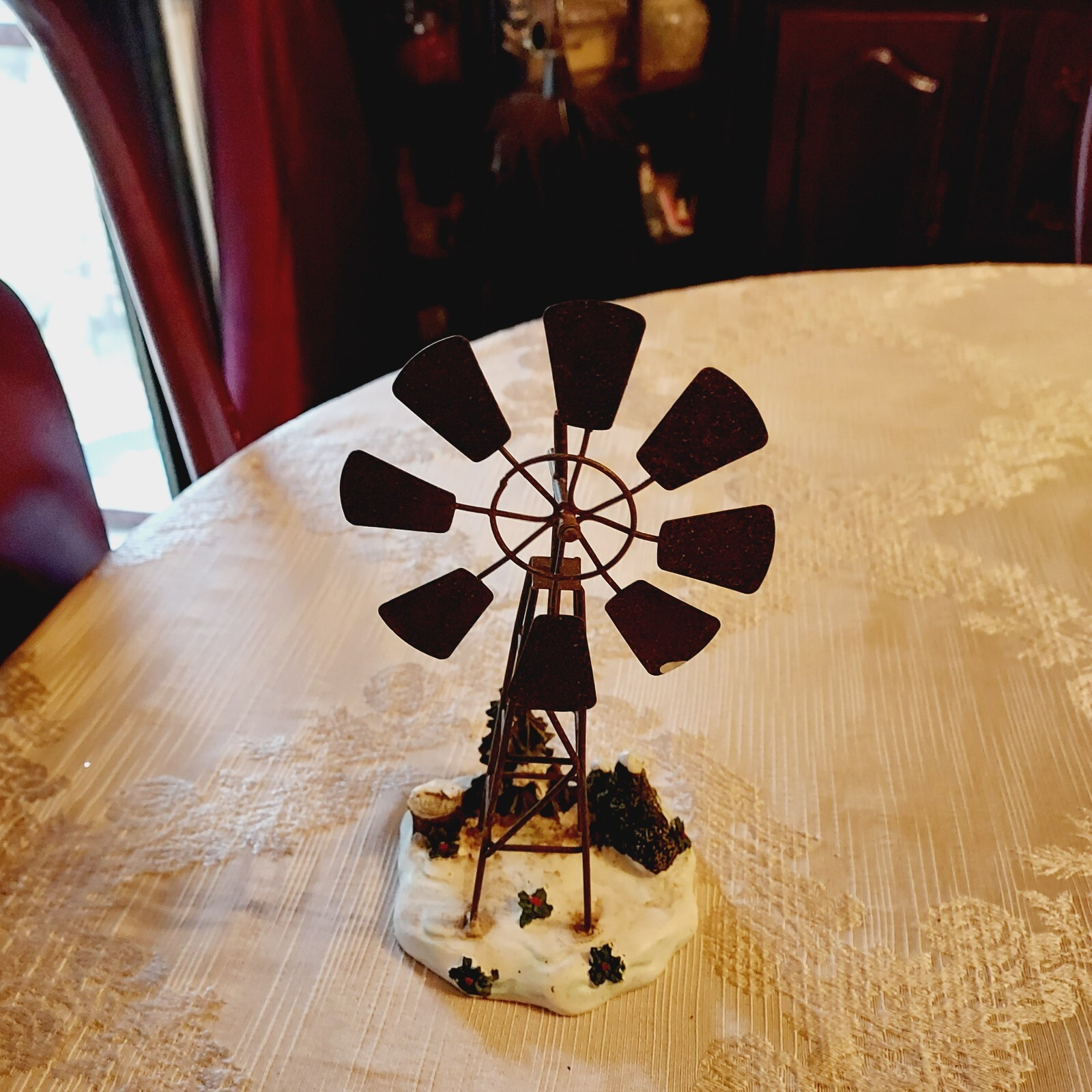 Village Christmas Decor Metal Approx. 8″ Windmill on Decorated on Resin Base