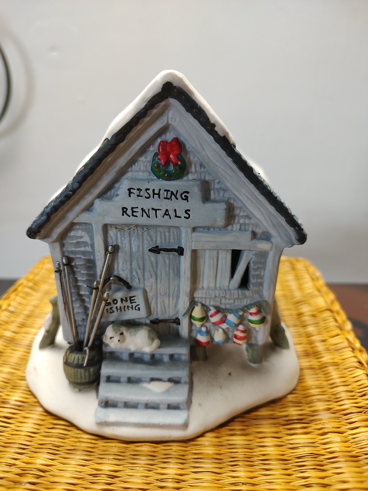 “Fishing Rentals” Village House w/dog on porch & poles Keg Detailed No cord 107