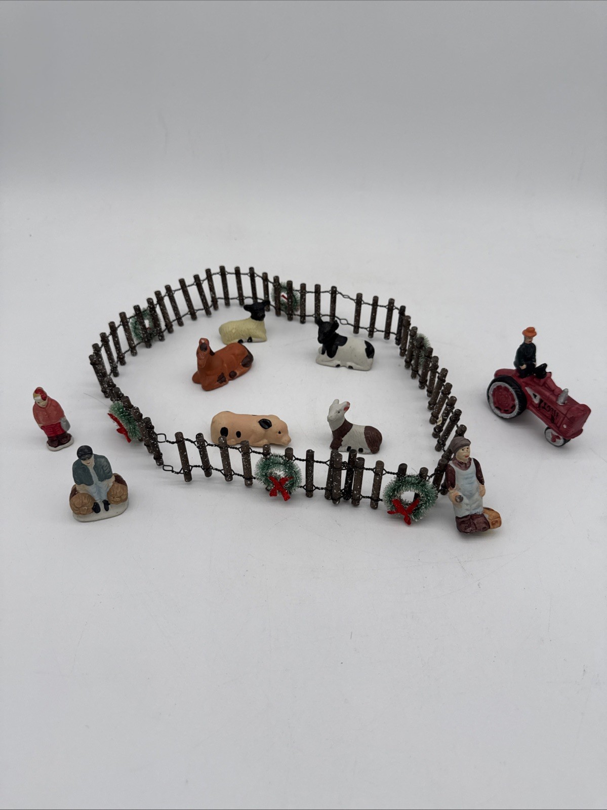 Ceramic Village Farm Animals Horse Cow Sheep People Tractor Farmer Lot of 10