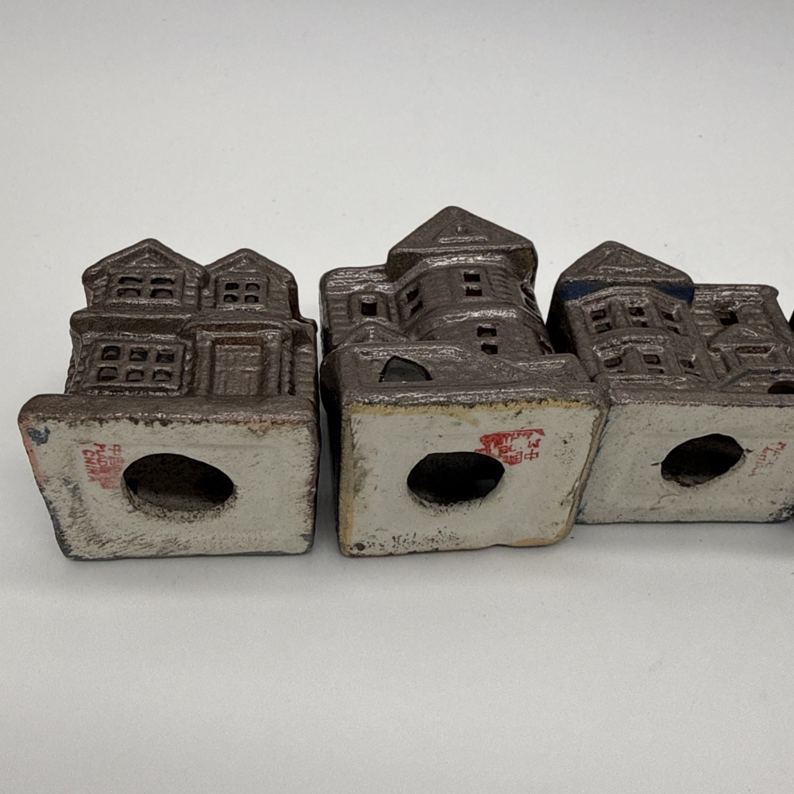 Vintage Miniature Ceramic Victorian Houses Village Set of 6 Brown Hand Painted