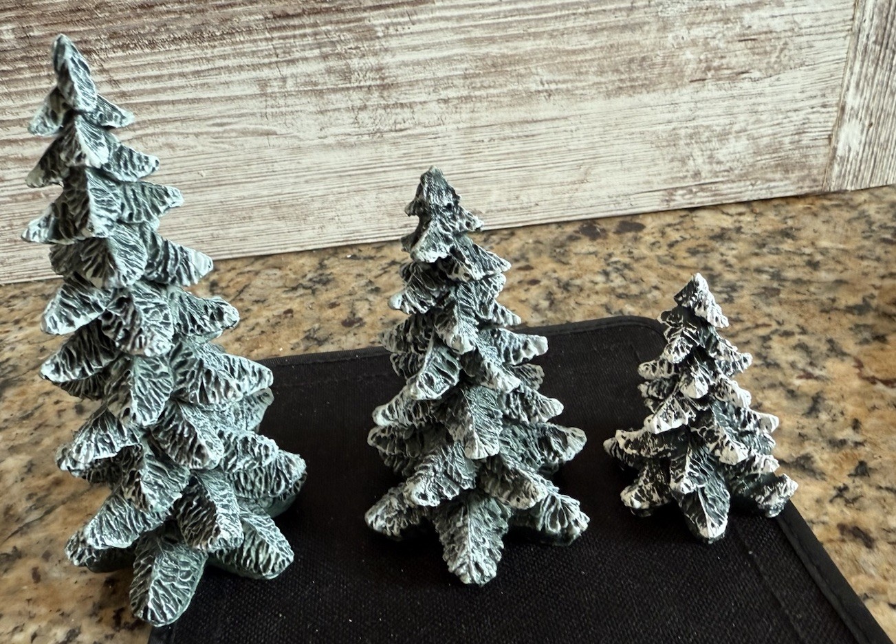 3 Snow Flocked Christmas Trees 3”- 5”in Village Square Mervyns Resin