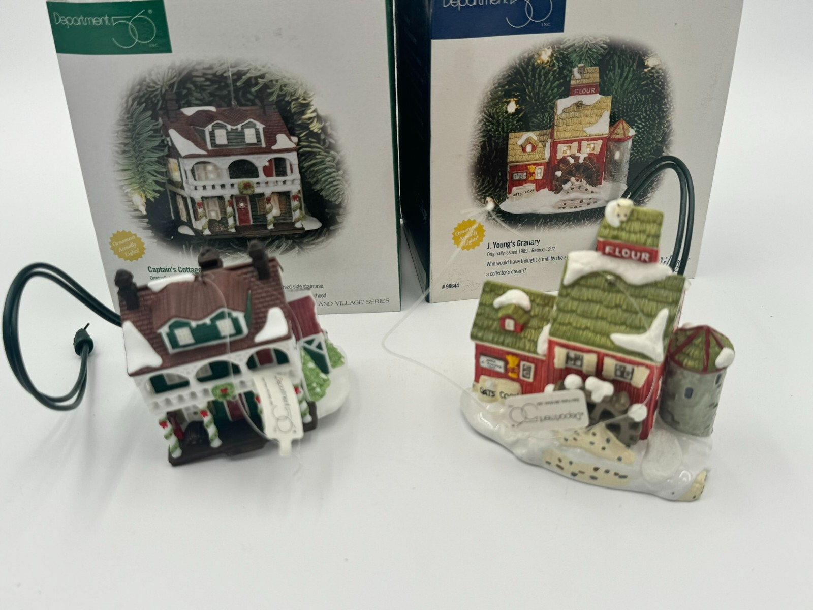 Dept 56 2 ORNAMENTS – J. Young’s Granary #96844 & Captain’s Cottage #98756 NIB