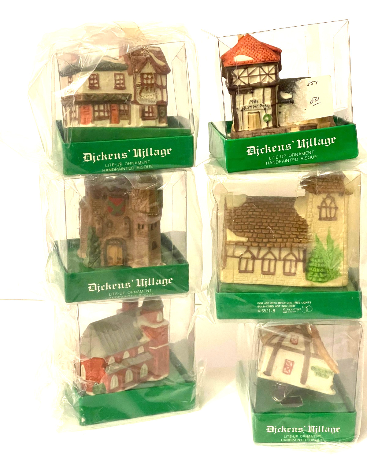 DEPT 56 SET OF 6 DICKENS VILLAGE CANDLE HOUSES LIGHT UP CLIP ORNAMENT. SET OF 6