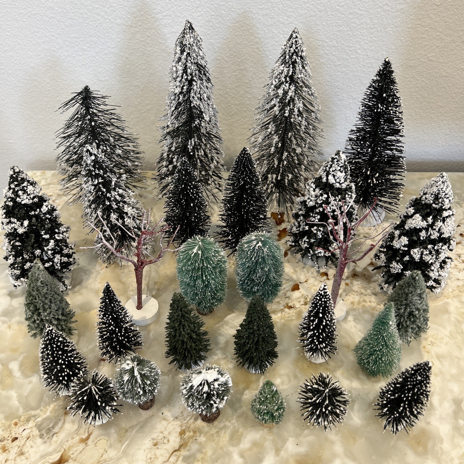 (28) Miniature Faux Trees Shrubs 9 in – 2.25 inch (H) LEMAX + (3) Snow Sheets
