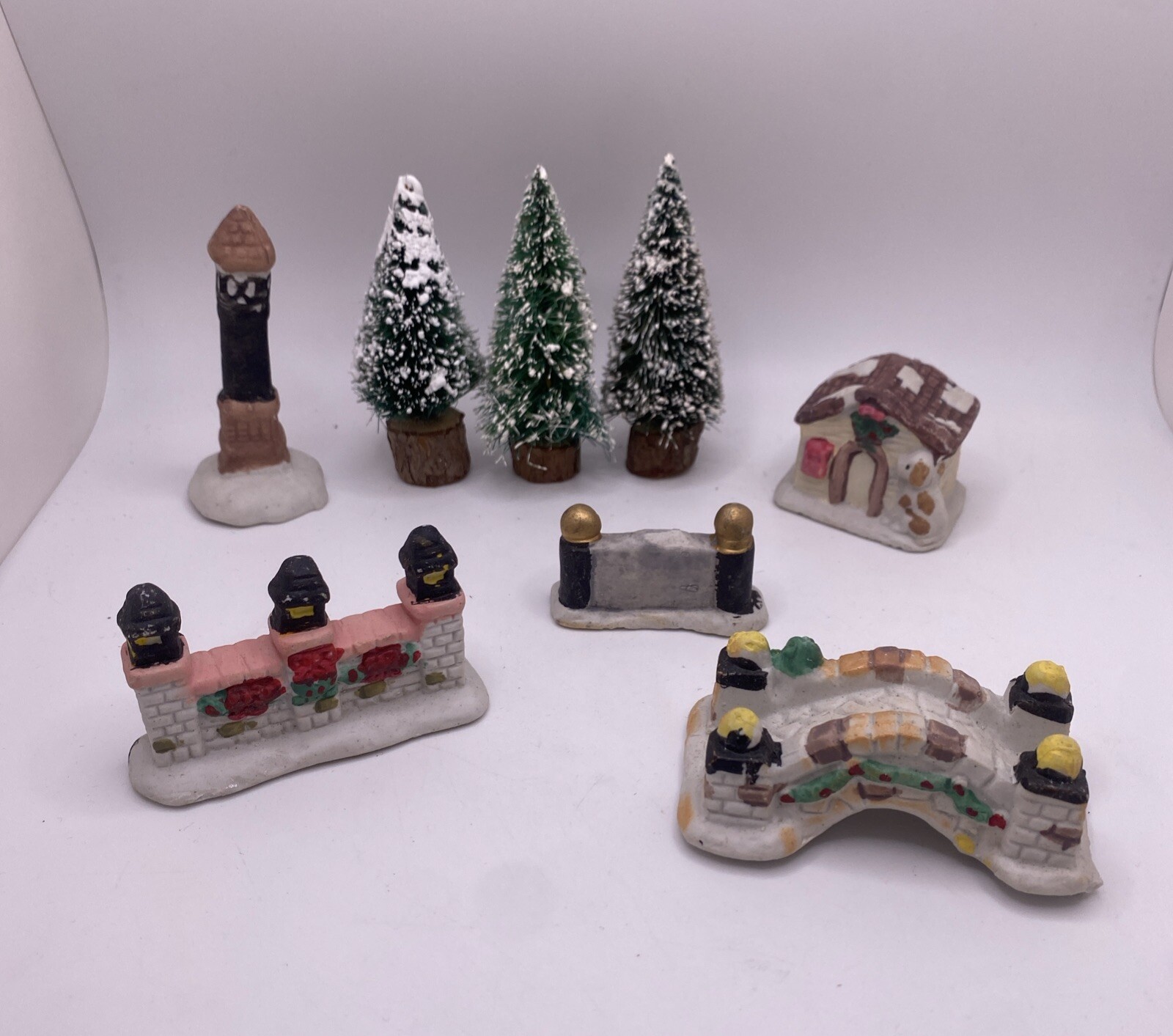 Porcelain Snow Village Accessories- Bridge, Fence, Dog House, Street Sign, Trees