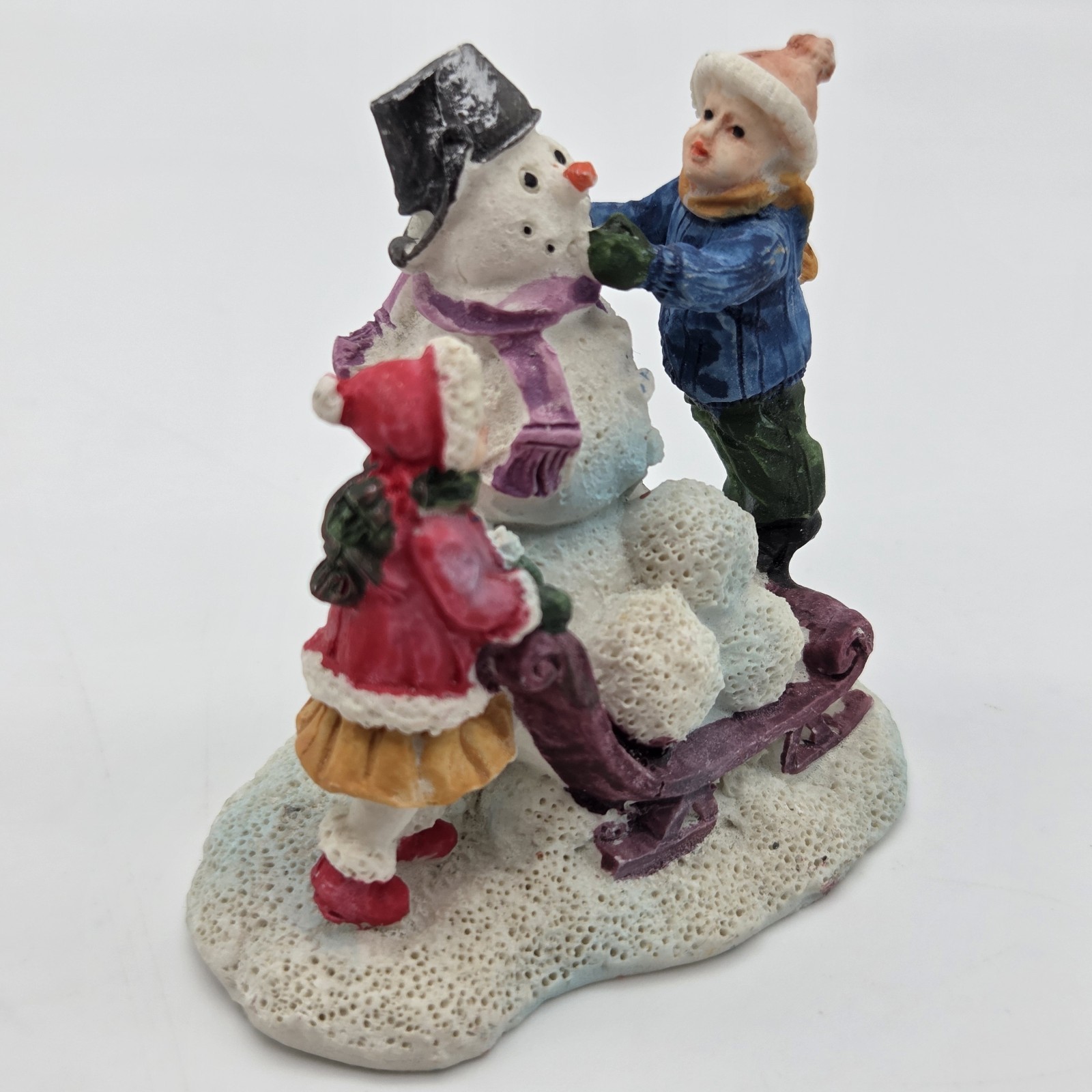 Christmas Village Set 2.75″ Snowman With Bucket On Head & Children Porcelain
