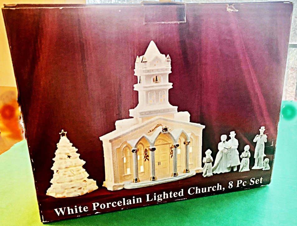 NIB Galleria White Porcelain Lighted Christmas Church 8 pc set