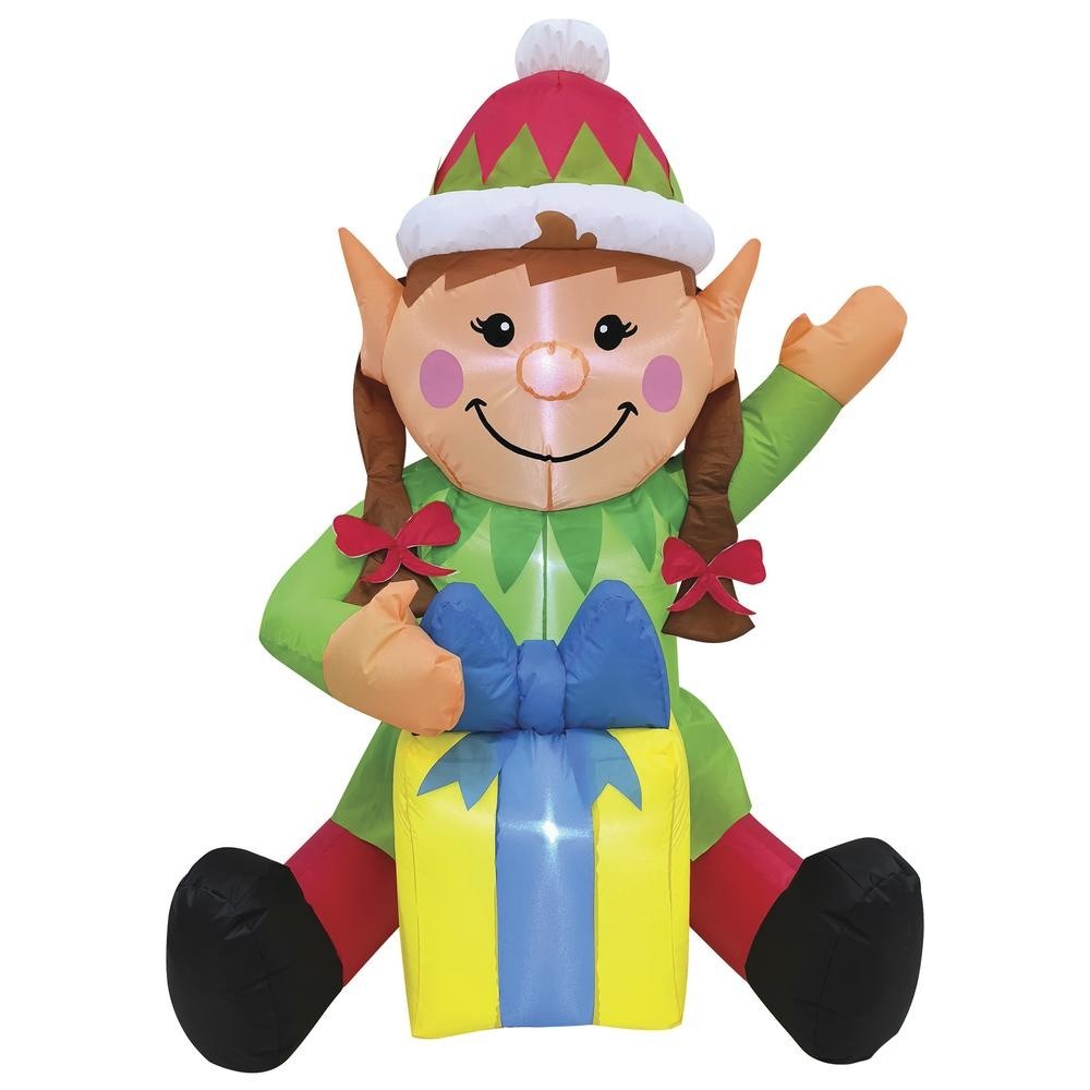 4′ Lighted LED Girl Elf w/ Present Christmas Inflatable Outdoor Holiday Decor