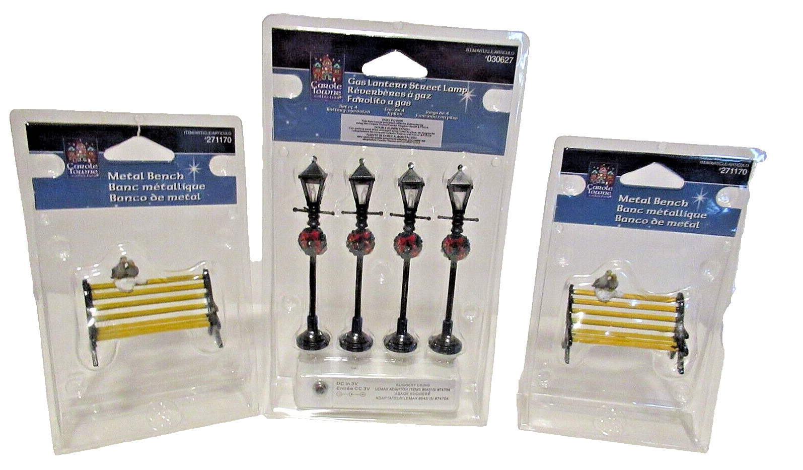 Carole Towne Christmas Village set 4 Gas Street Lamps & 2 Park Benches NEW