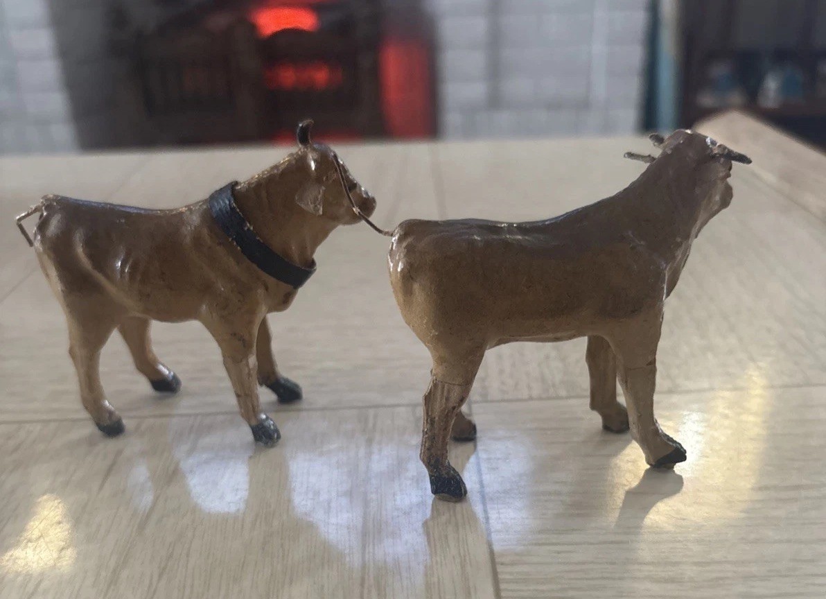 Antique German Composition Christmas Putz Stick Leg Cows Lot Of 2 1920s