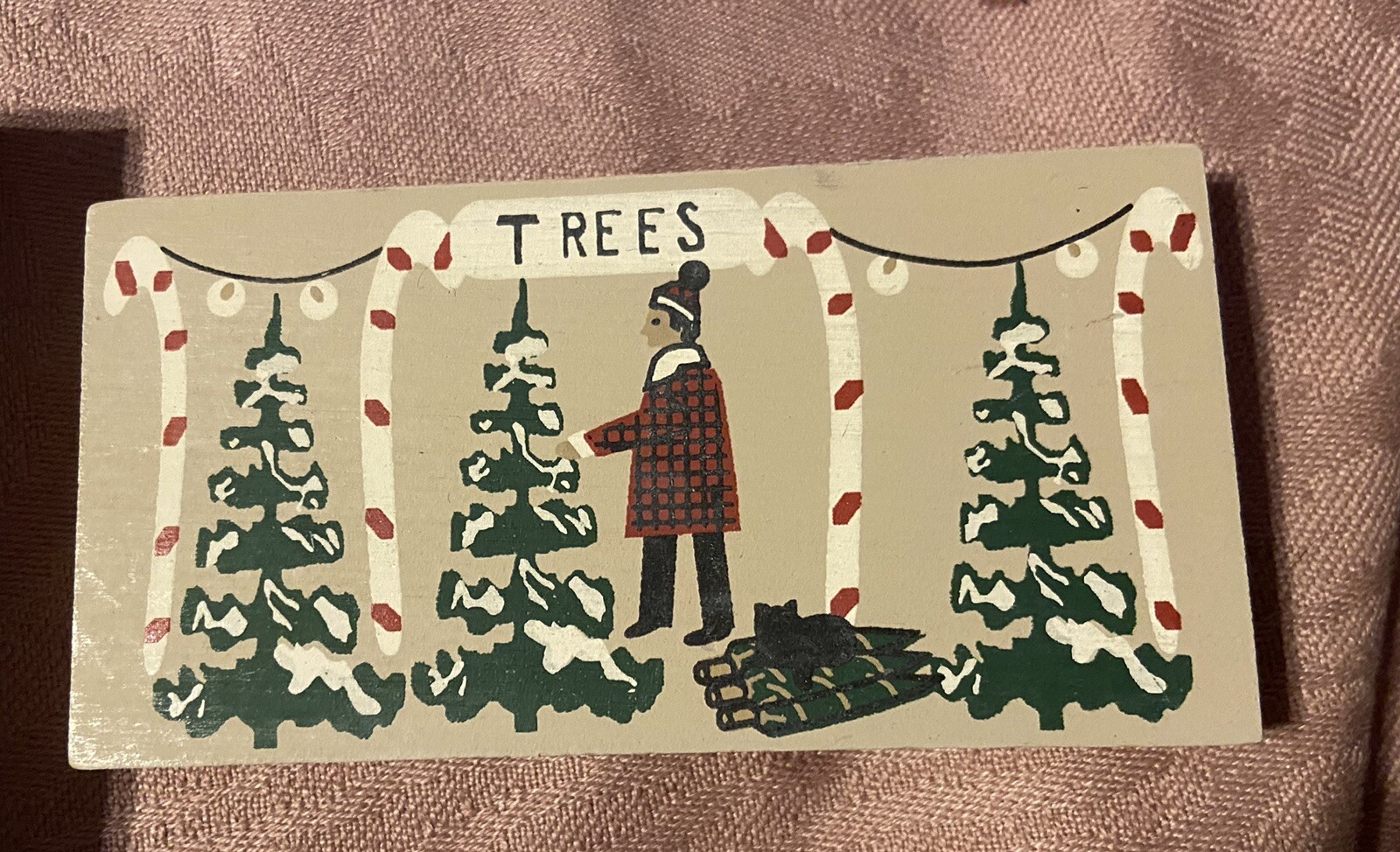 5 Vtg Cat’s Meow Wood Village Christmas Tree Lot Fence Clock Peach tree St Sign