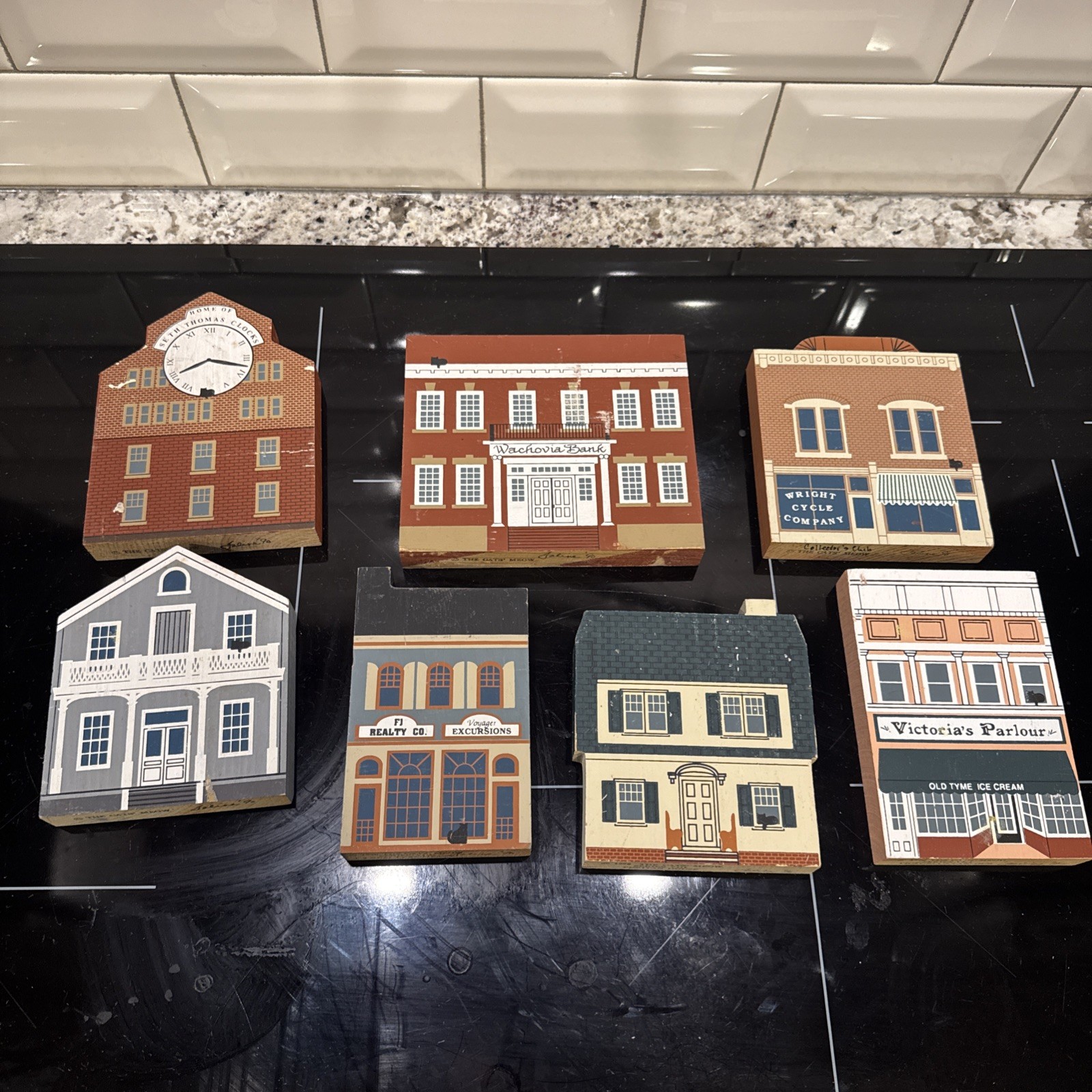 Vintage Lot Of 7 The Cats Meow Village Series Wooden Shelf Sitters 1990 Cottage