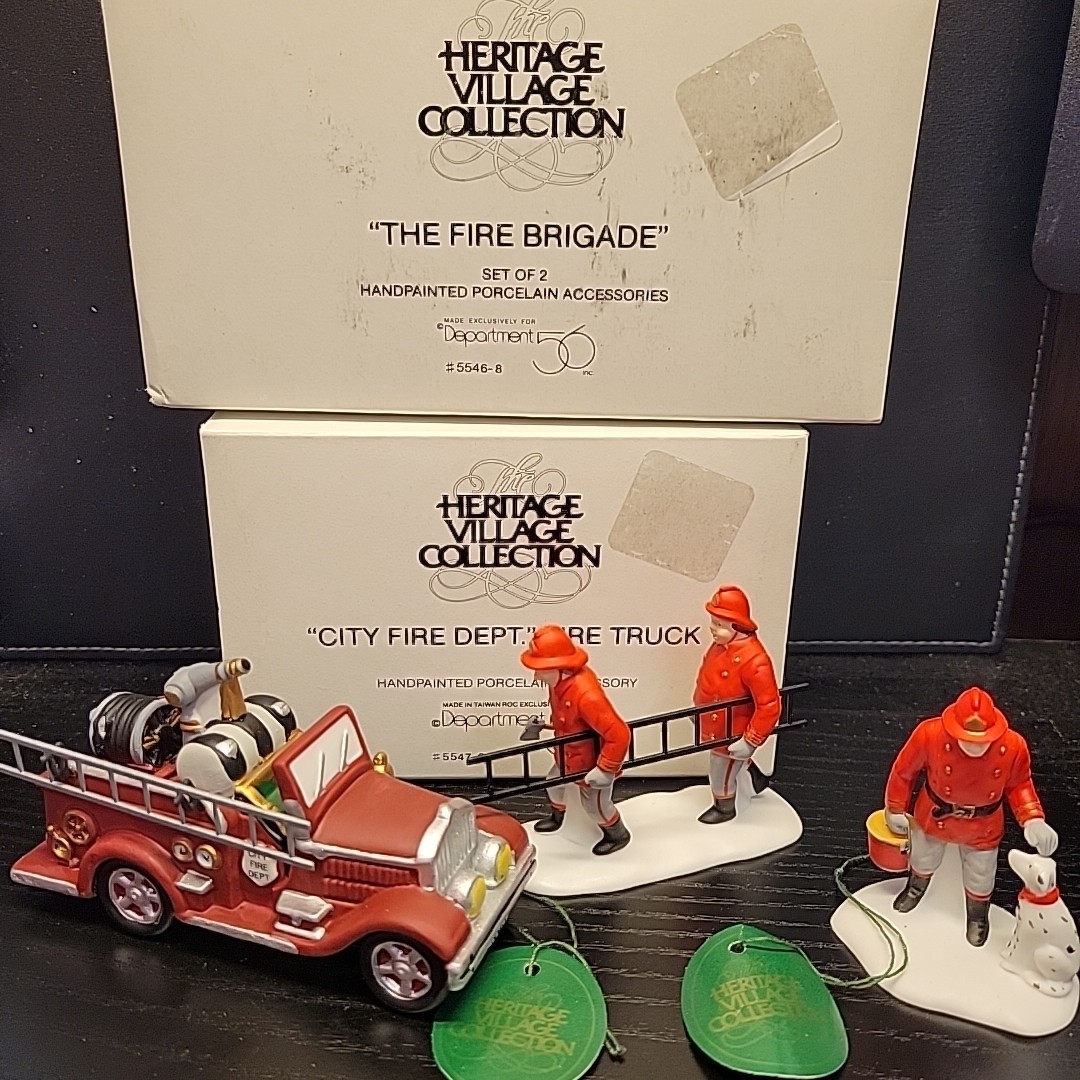 Dept. 56 Heritage Village #5547-6 & 5546-8 City Fire Dept Fire Truck & Brigade