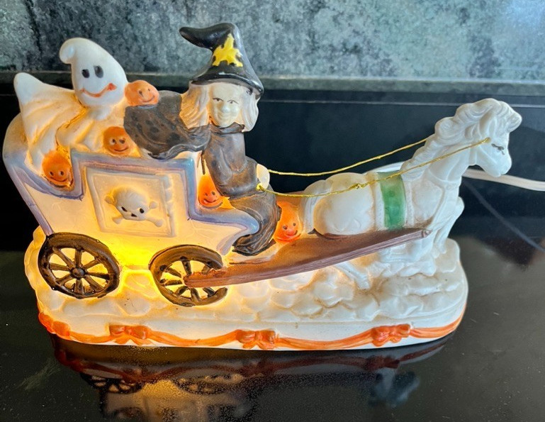 Vintage Artmark Halloween Porcelain Lighted Ghost, Witch HORSE DRAWN CARRIAGE
