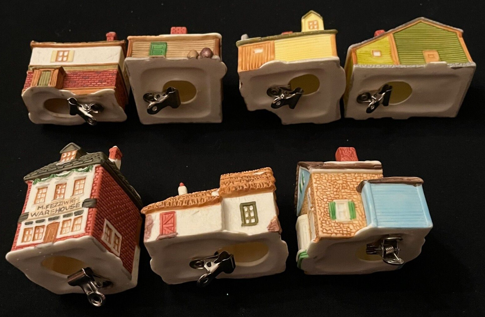 Set of 7 Dept 56 NE Village Hand-Painted Bisque Lite-Up Ornaments with Clips