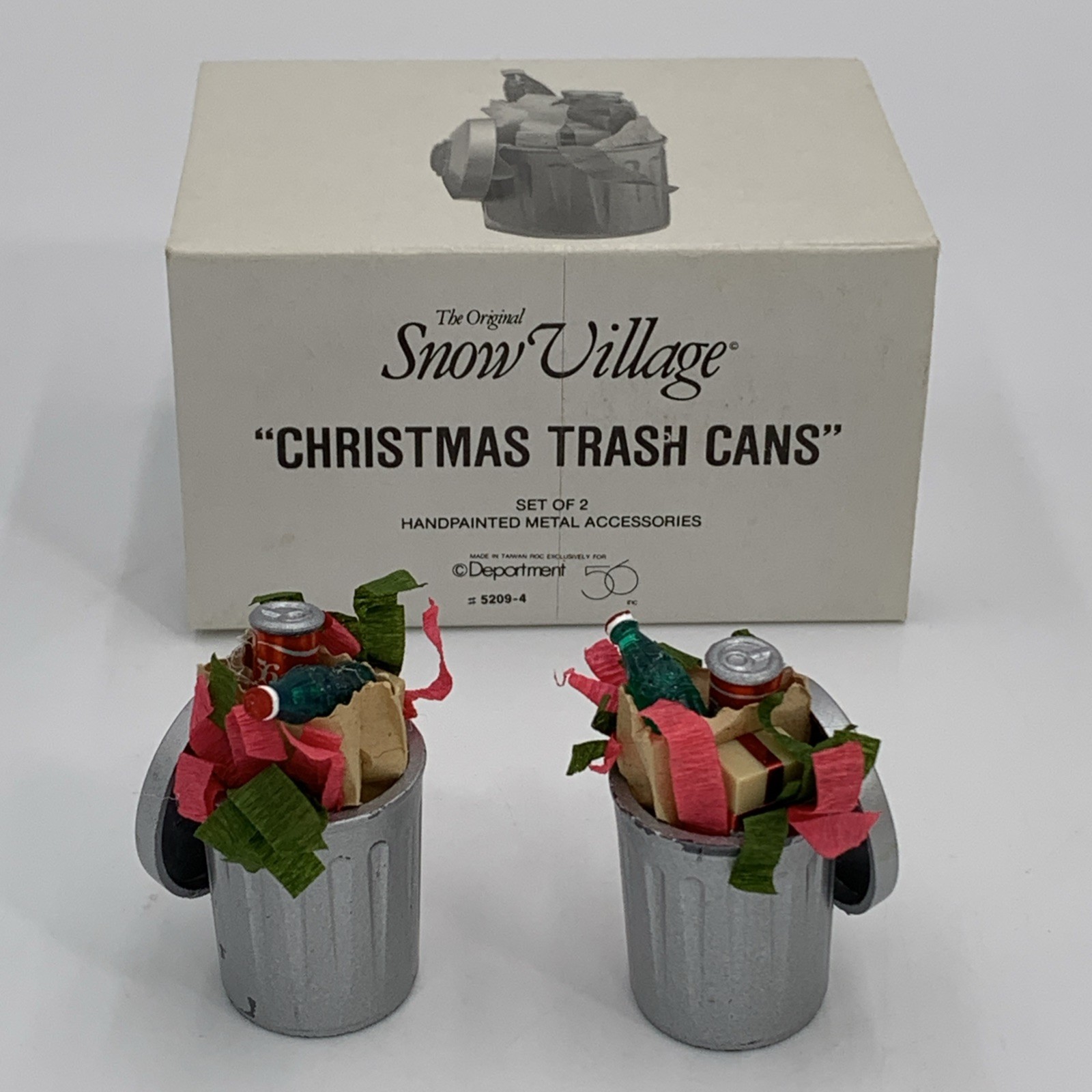Dept 56 Snow Village Set of 2 Christmas Metal Trash Cans Hand Painted 5209-4