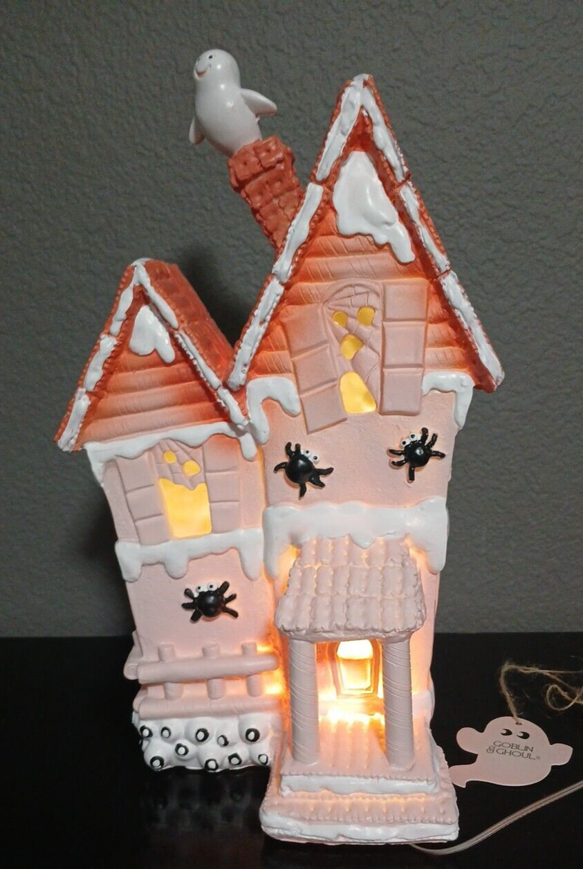 13″ GOBLIN & GHOUL Pink Ghost Gingerbread Haunted House Halloween – LED Lighted!