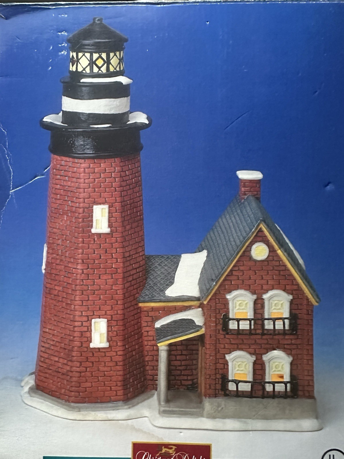 Christmas Delights Handpainted Porcelain Lighthouse W/Cottage Coastal Noel Decor