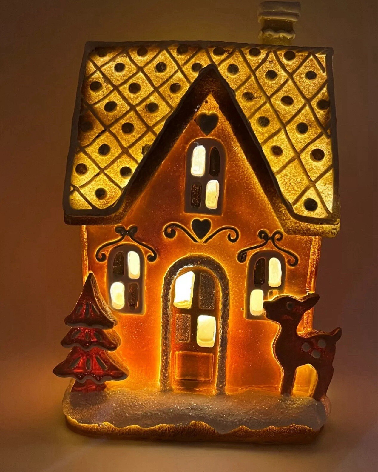 RAZ Pink Glitter Holiday LED Light-up 8.5″ Gingerbread House Village NEW!