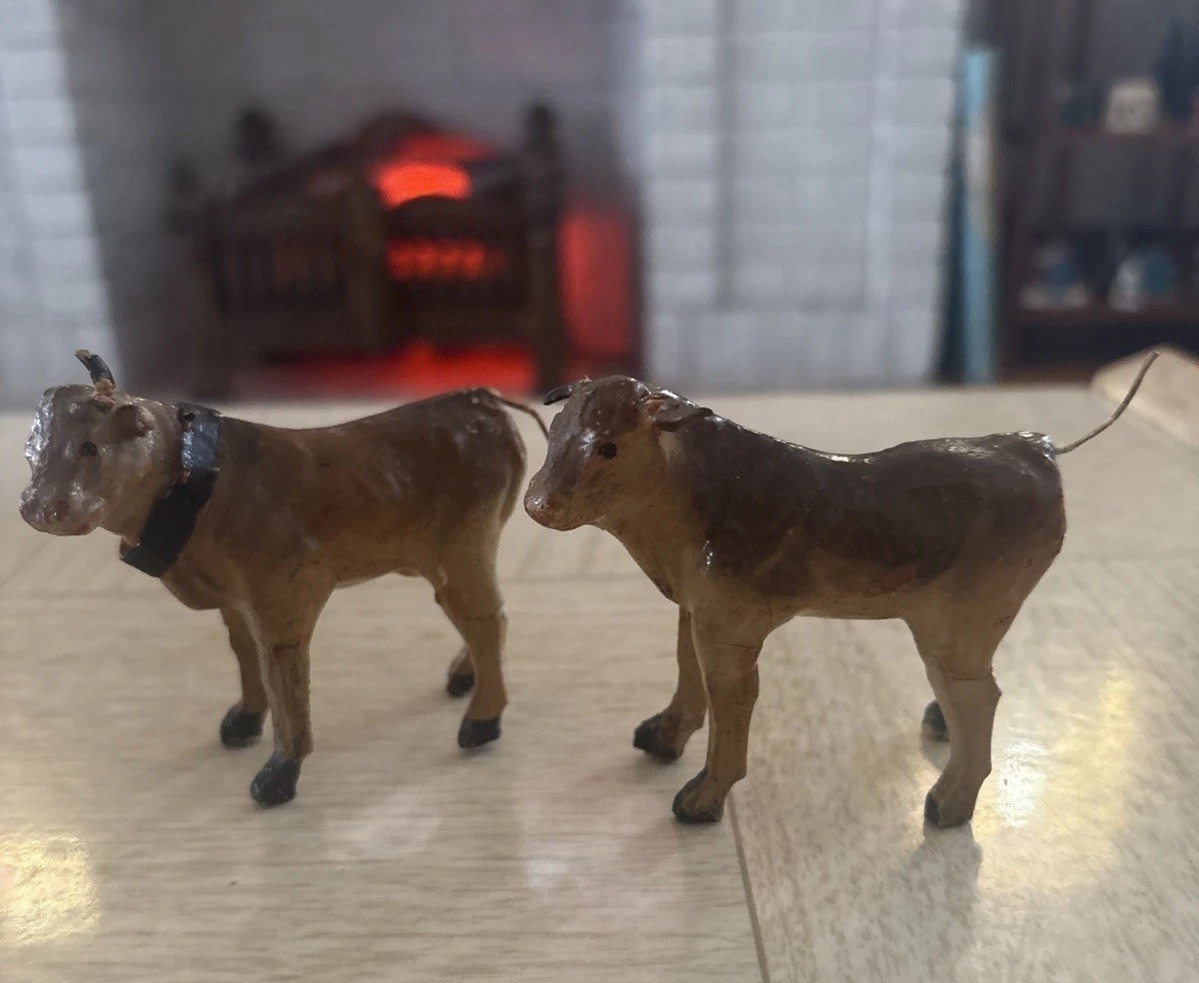 Antique German Composition Christmas Putz Stick Leg Cows Lot Of 2 1920s