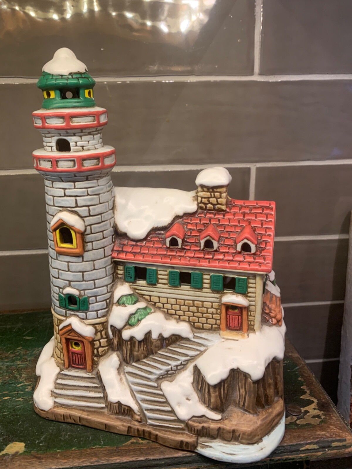 vtg lefton lighthouse byron wood colonial village handpainted light