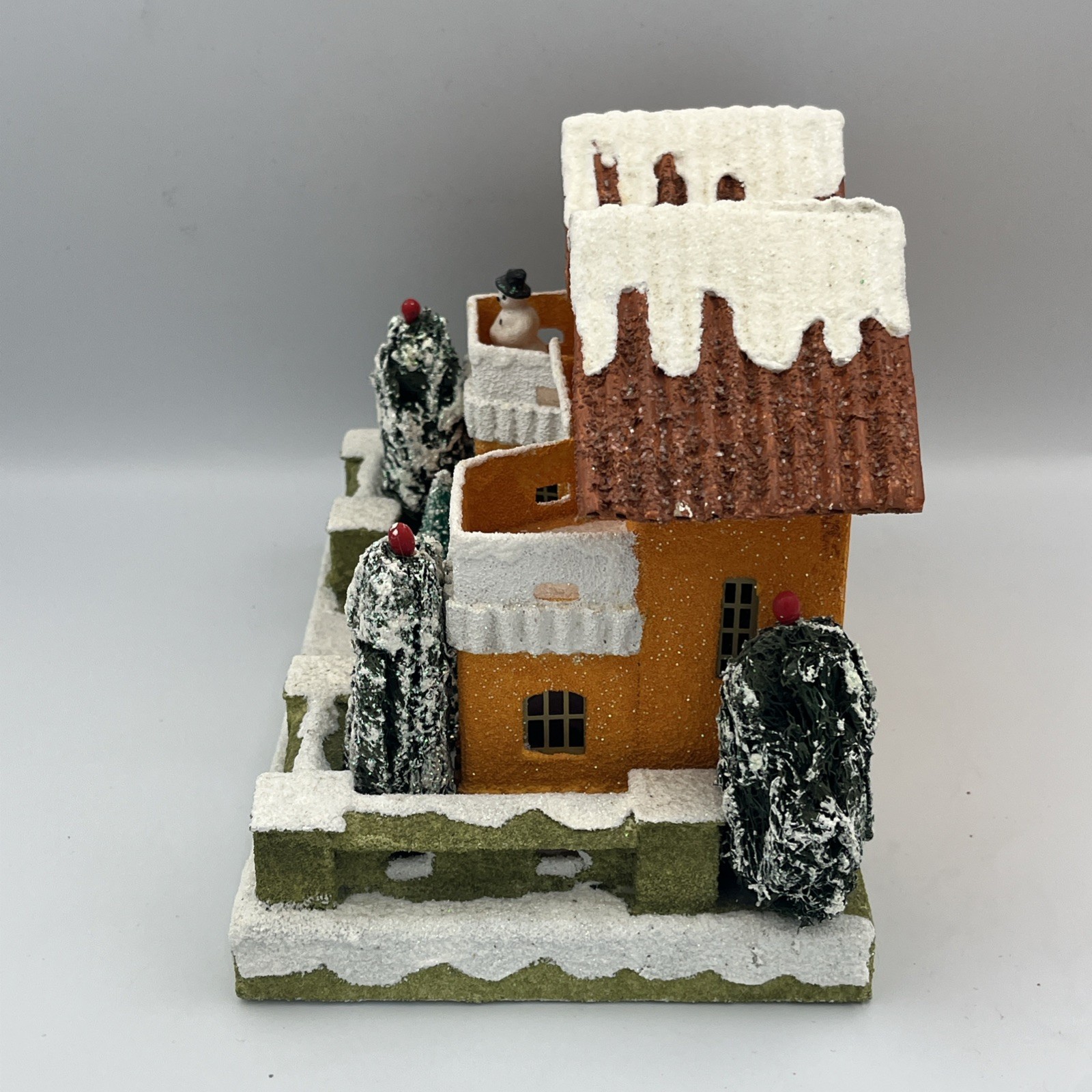 Christopher Radko Shiny Brite Orange Mansion Putz House Snowman Dog Balconies