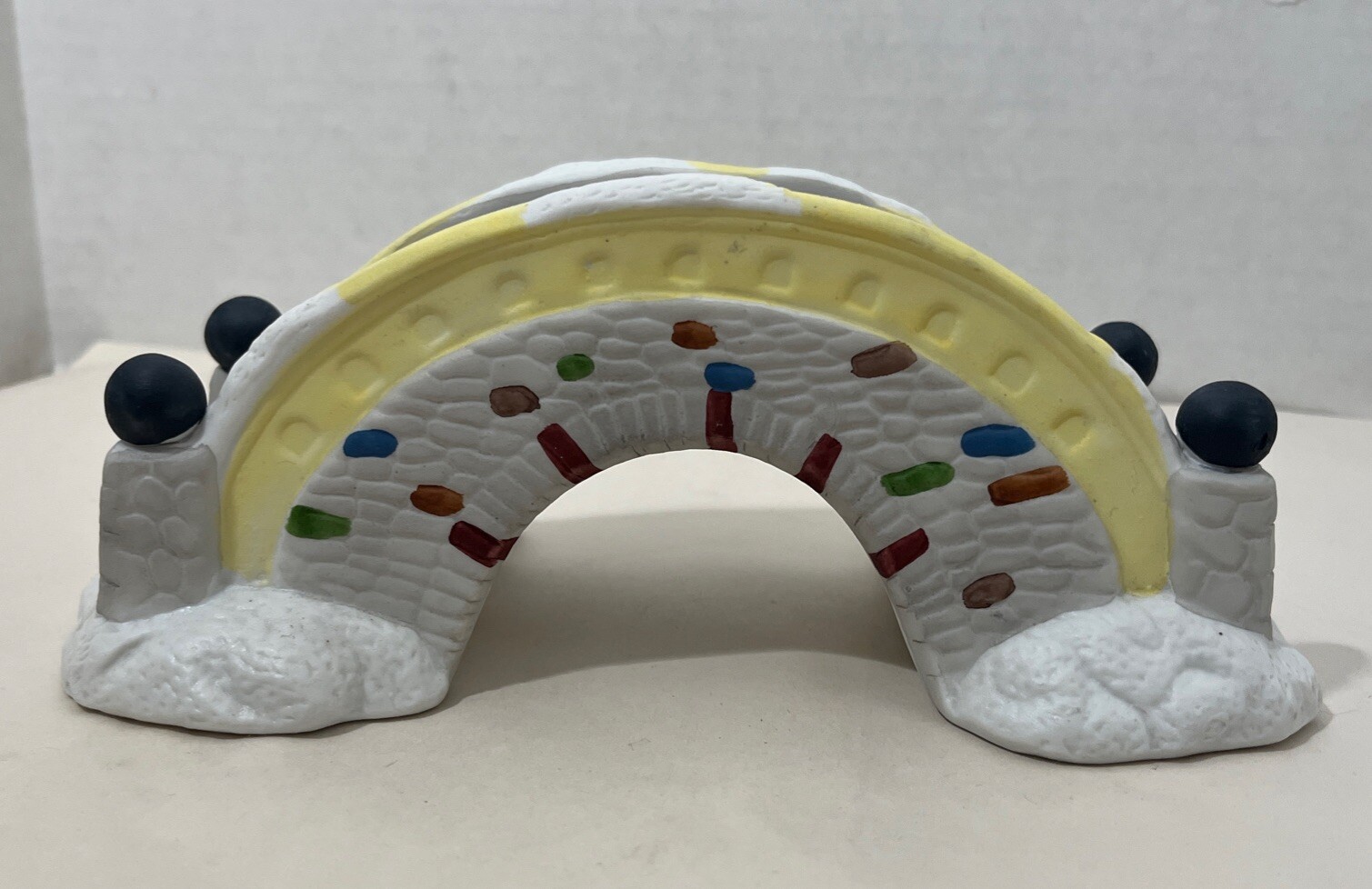 Porcelain Christmas Village Arched Bridge Approx 8x4x3 Inches Gray Yellow