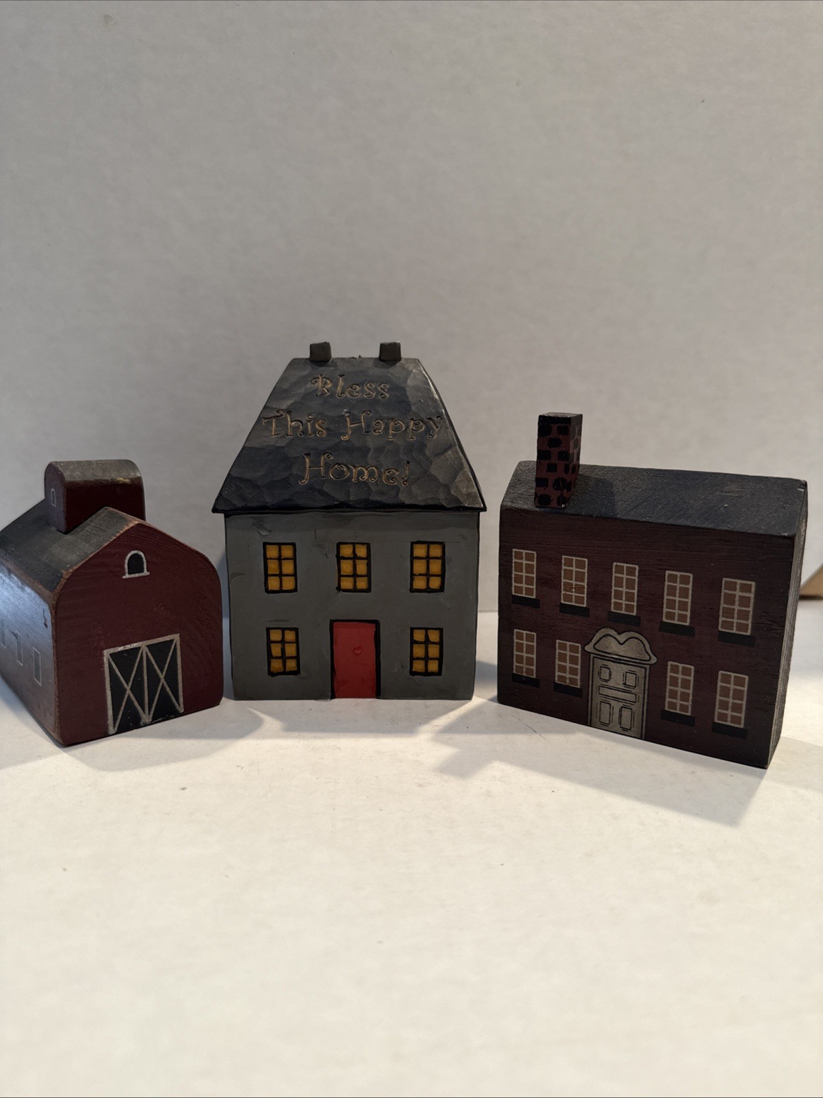 Primitive Folk Art Wood Block Village Houses Barn Set Of 3 Handmade