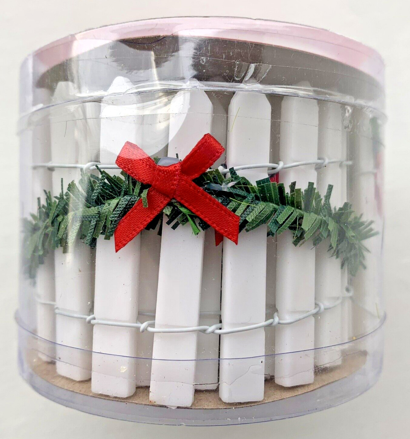 Christmas Village White Picket Fence Green Garland and Red Bow Holiday Time 23″