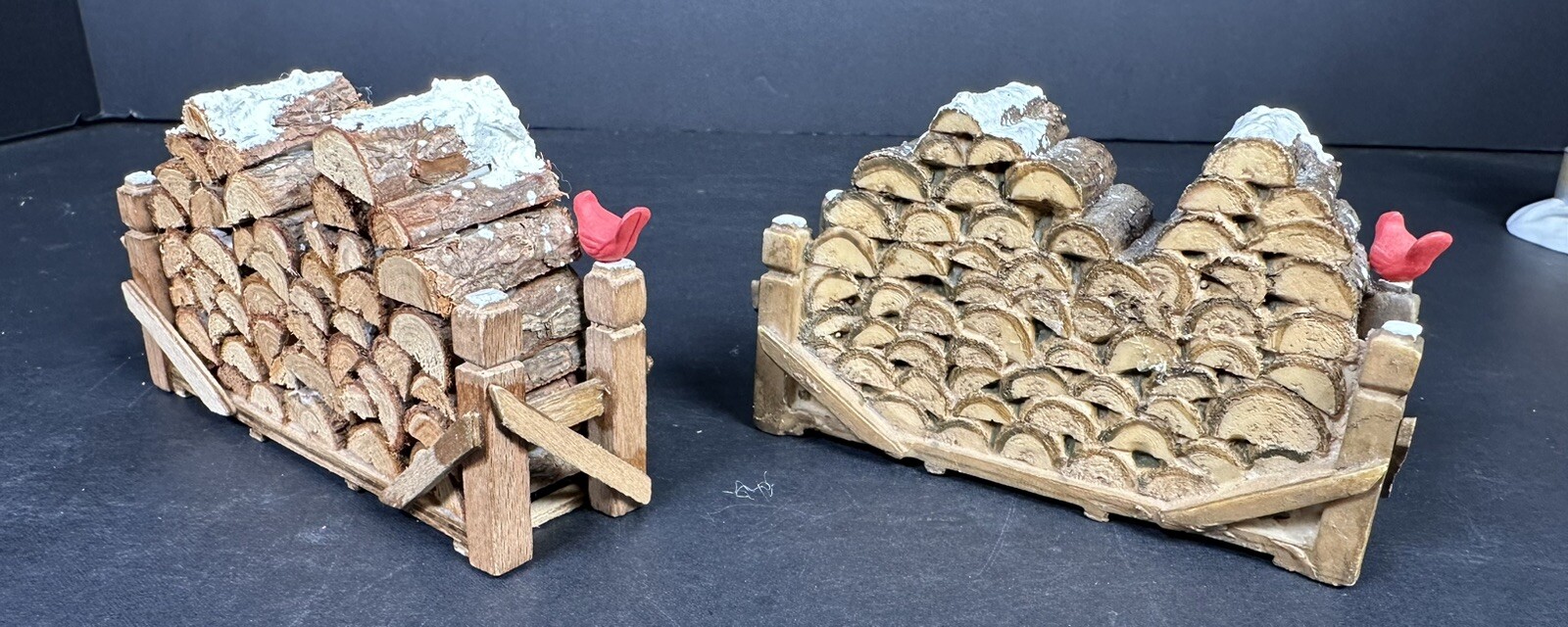 Dept 56 Christmas Village Accessories Snowy Wood Pile w/ Cardinal bird Set of 2