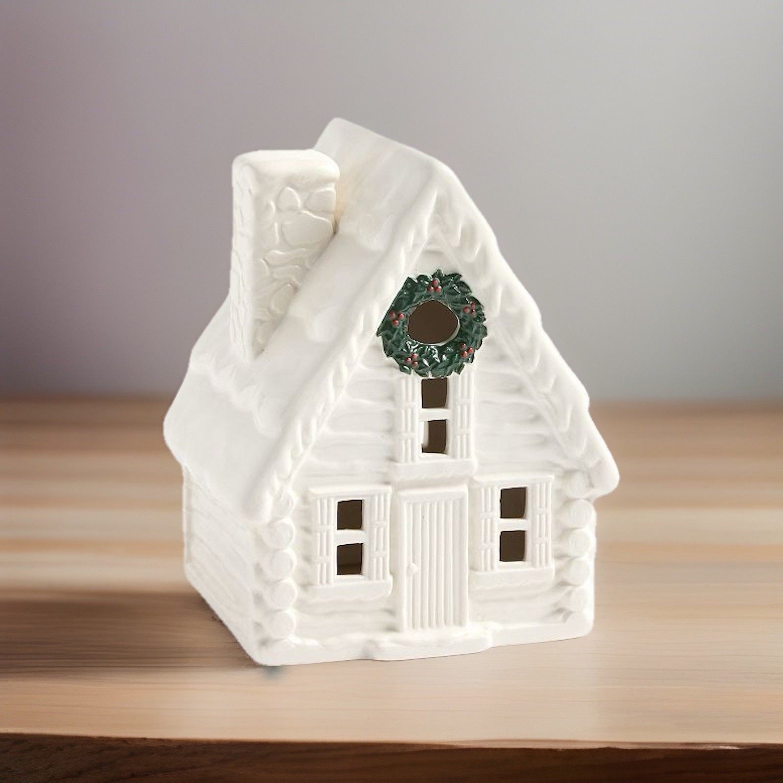 Pottery Barn SMALL Winter Chalet House Village White Wreath Ceramic