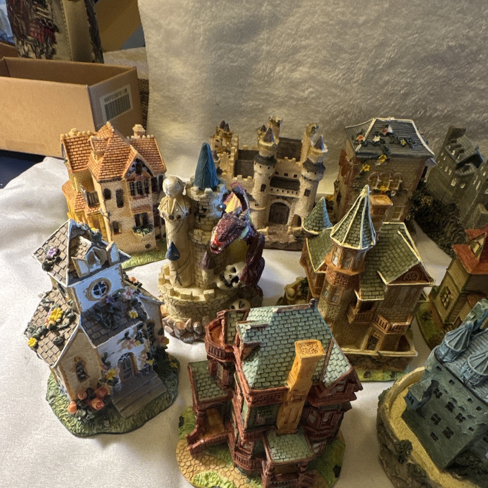 Fantasy Resin Miniature Village Figurines Lot w/ Castle & Dragons, Multicolor