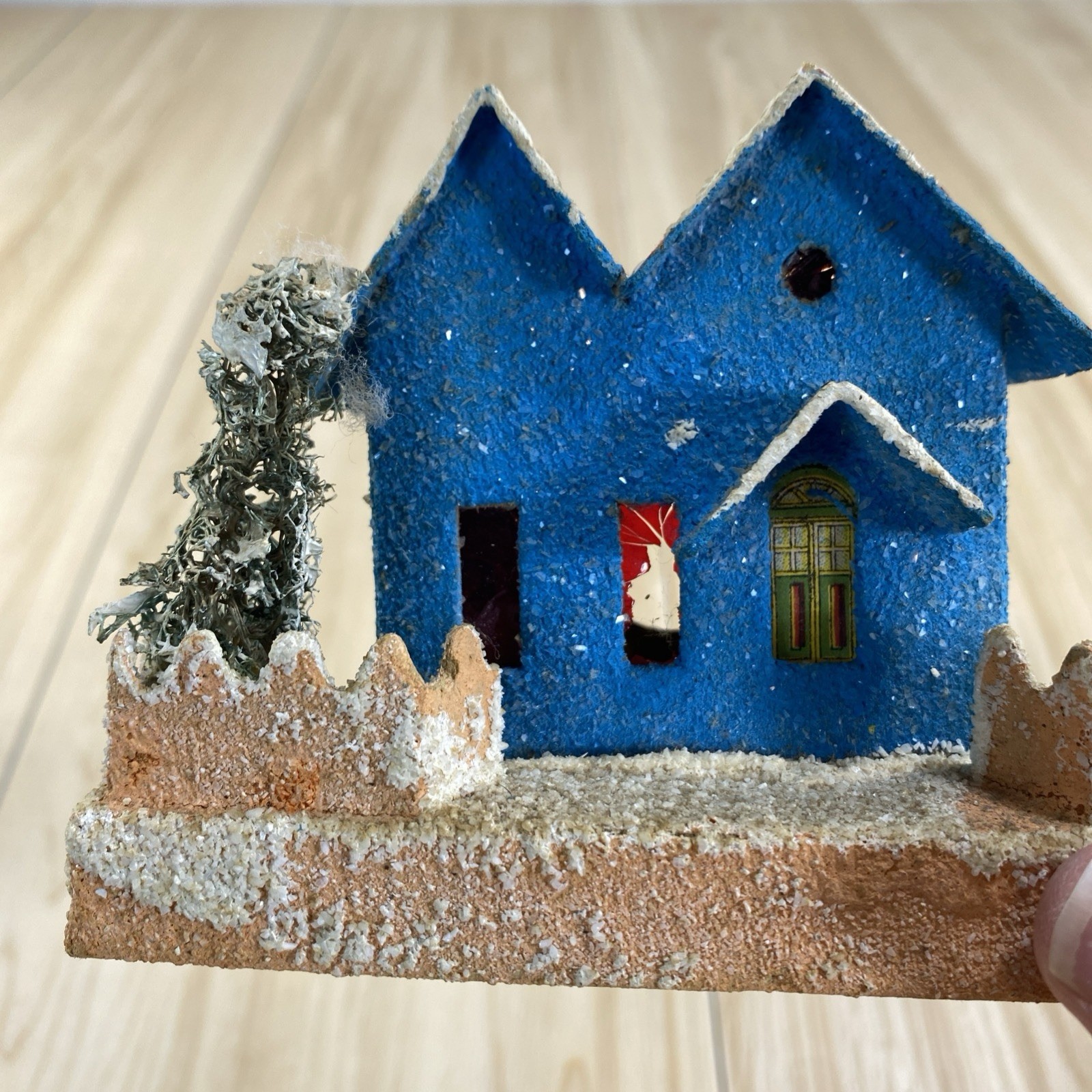 Vintage Putz Christmas Village Blue House Japan Coconut Mica Glitter Fence