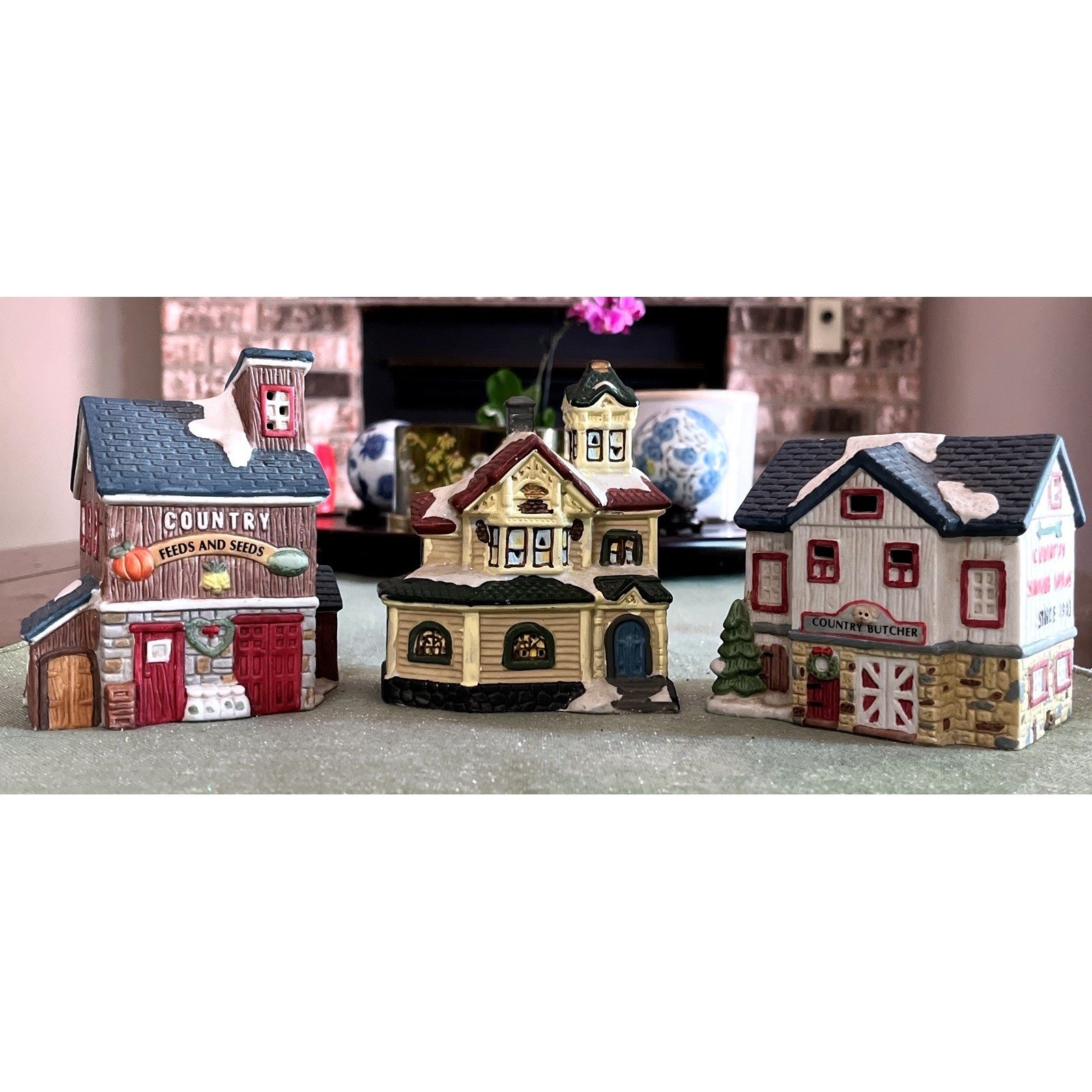 Christmas Village Houses Set Of 3-House/Country Store/Butcher-No Box/Lights