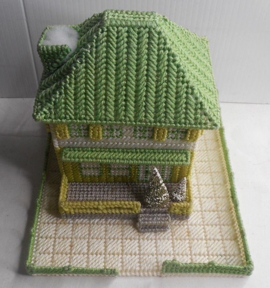Needlepoint Christmas Village House Handcrafted Plastic Canvas 6-1/2″Hx9″x 7-1/2