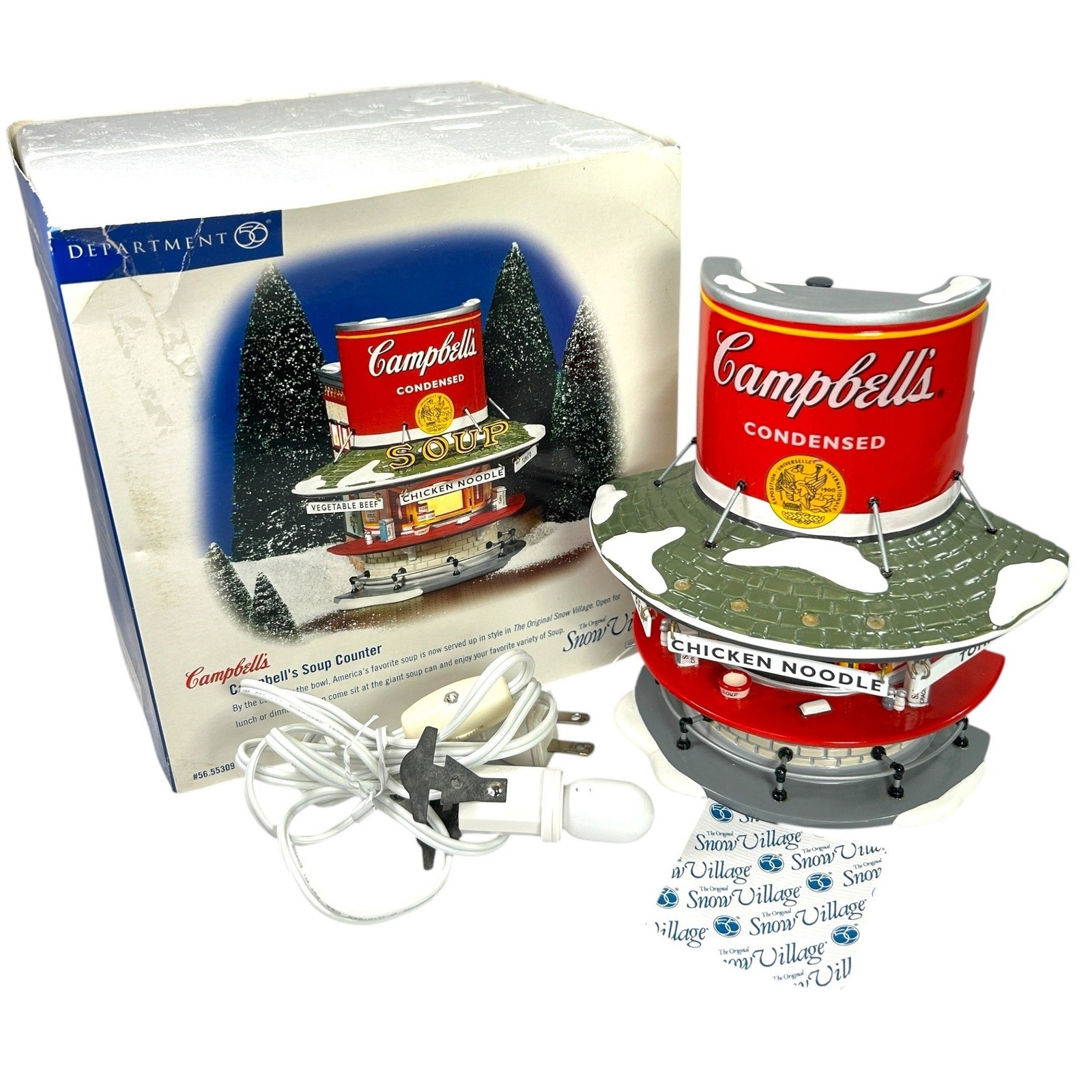 Department 56 Campbell’s Soup Counter 2002 Snow Village with Light Cord Box Card
