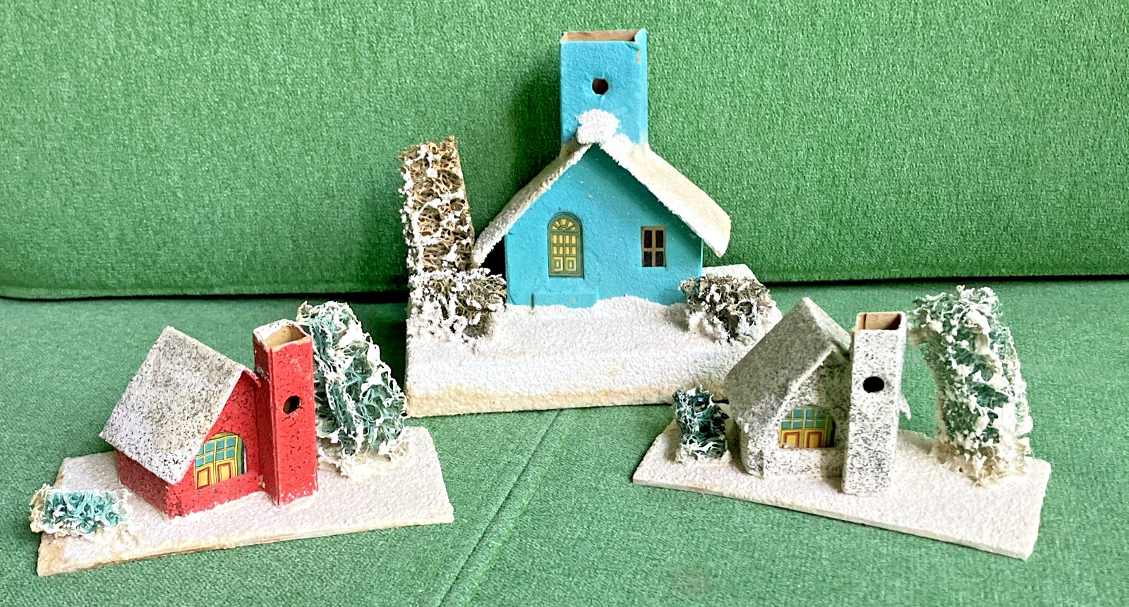 3 Vtg Christmas Putz Houses Cardboard w Mica Glitter, Windows, Trees