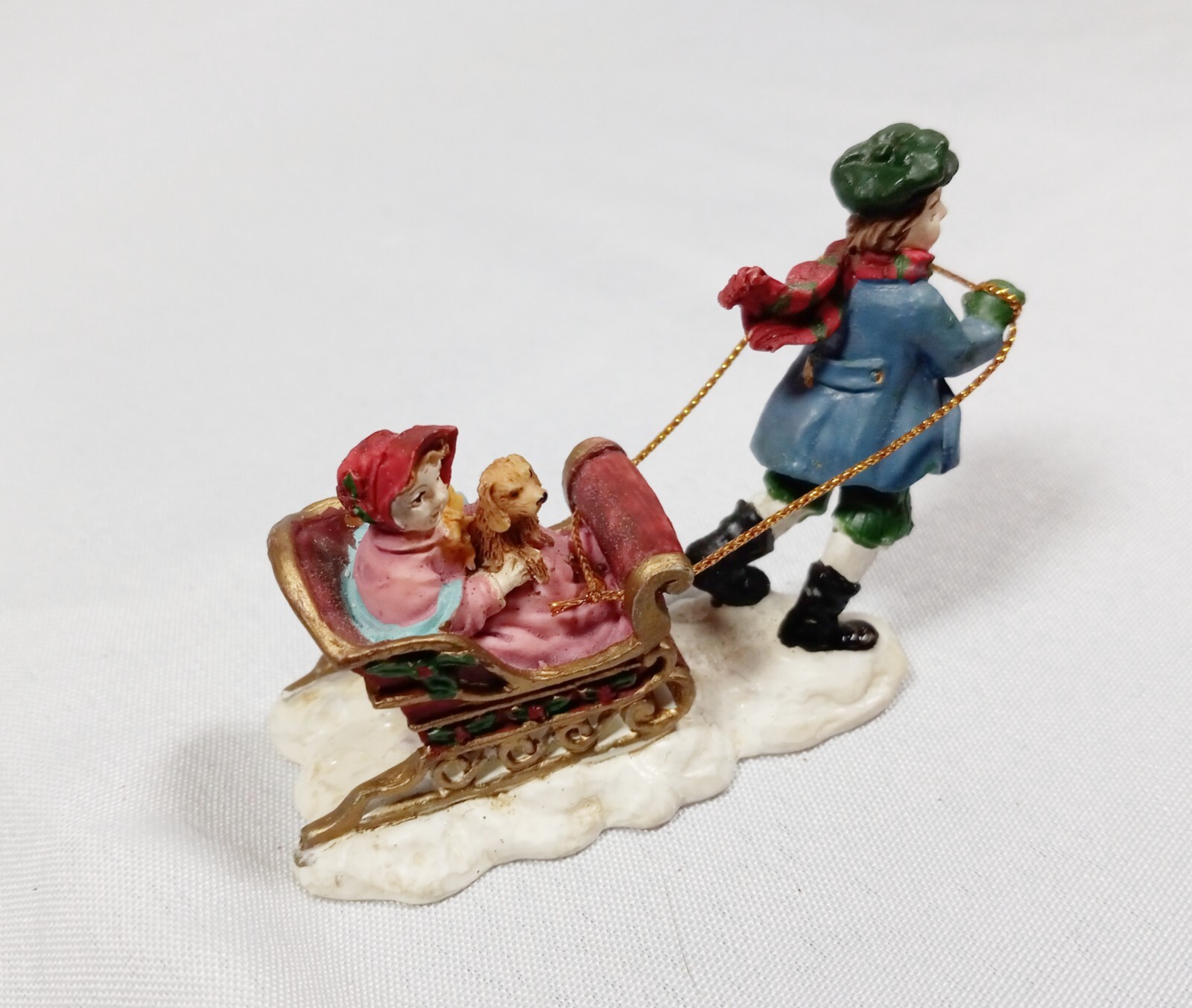 Grandeur Noel Victorian Village Boy Pulling Girl Dog In Sleigh Figure Christmas