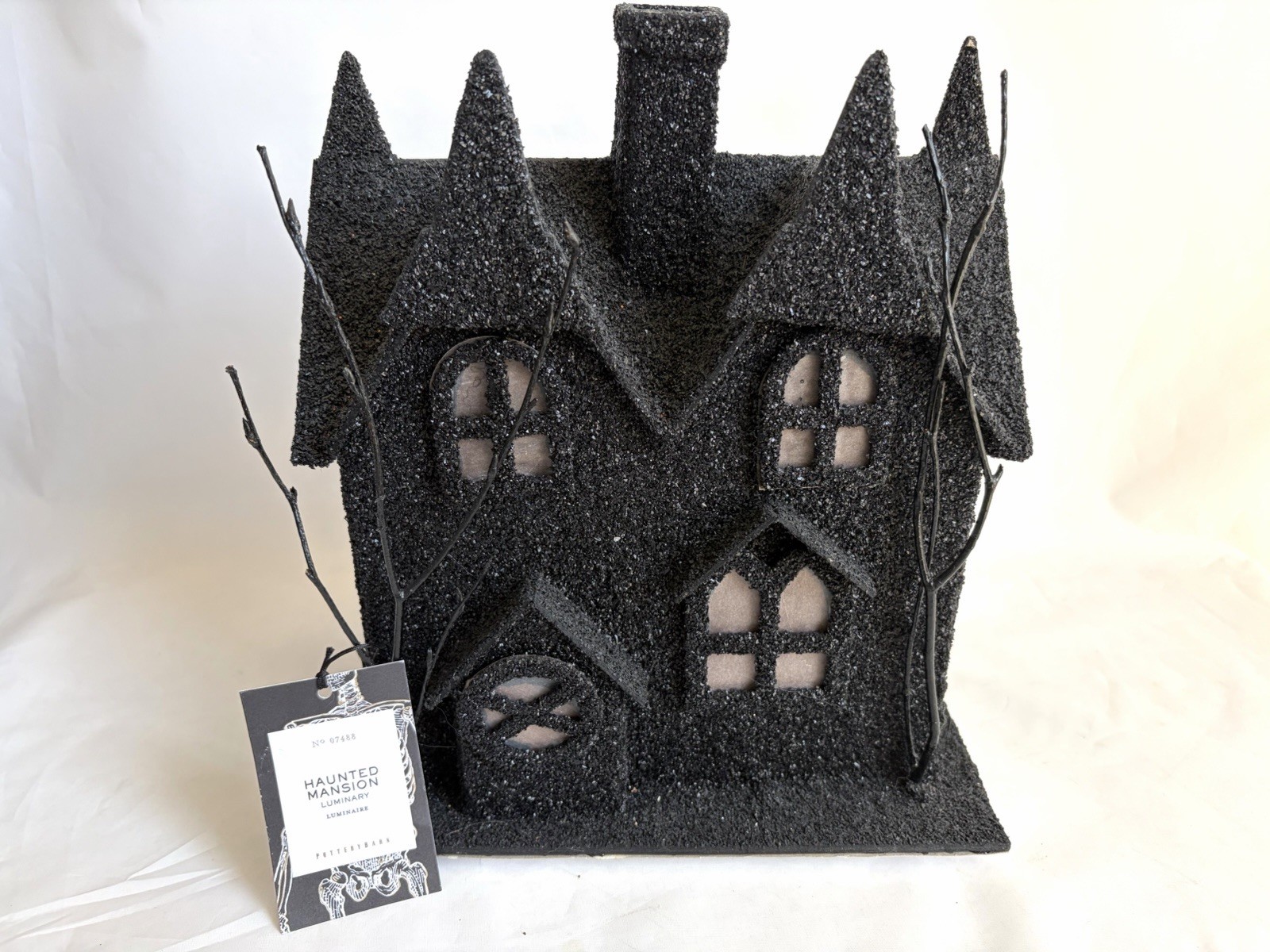 Pottery Barn Spooky Black Glitter Luminary 10” Haunted HOUSE | MED MANSION w/Tag