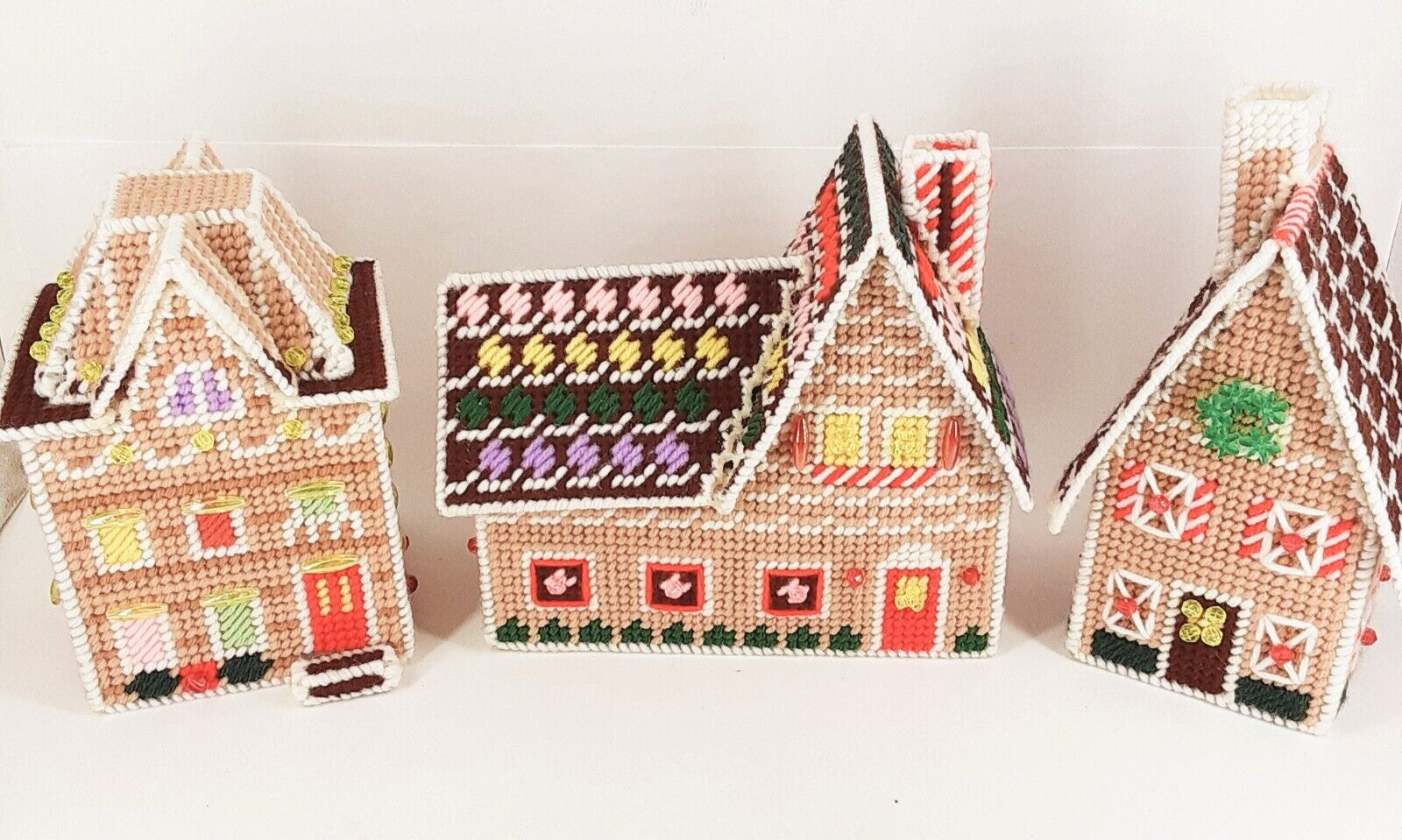 Embroidered on Canva 3 Pieces Christmas Village Colorful Well Crafted 3D USA