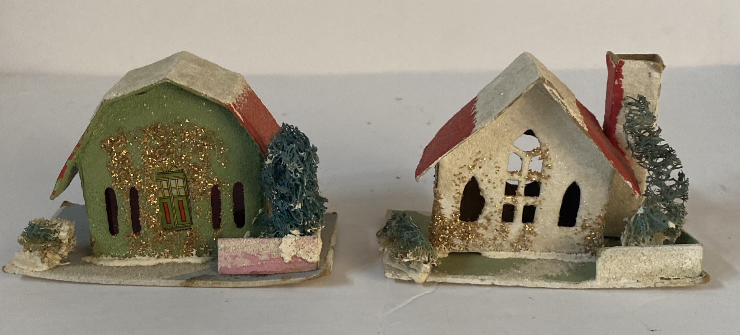 Pair Vintage Christmas Japan Putz Mica Cardboard House Green White