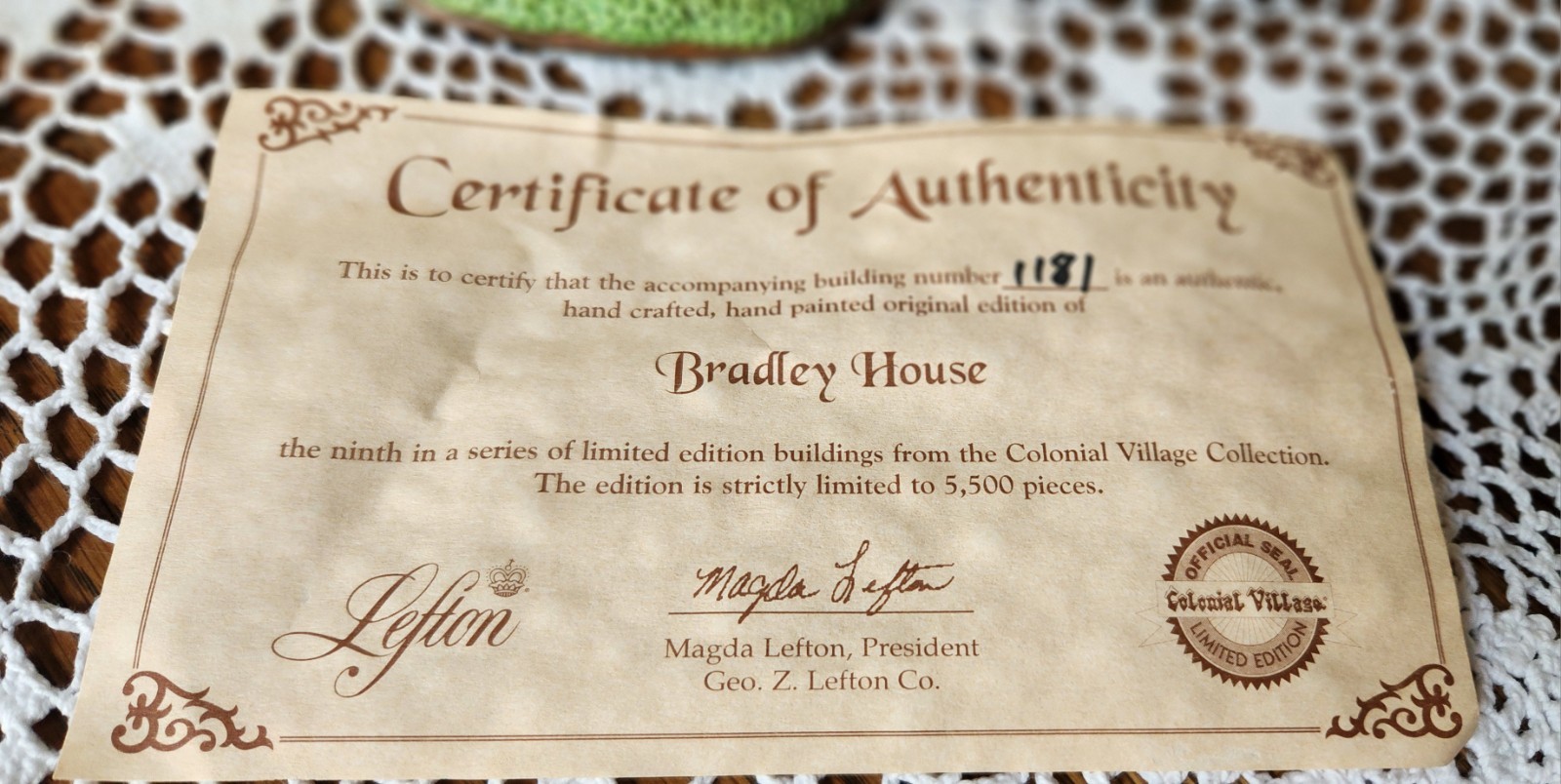VGT 1999 Lefton “Bradley House” Lighted Colonial Village Ltd Edition 1181/4500